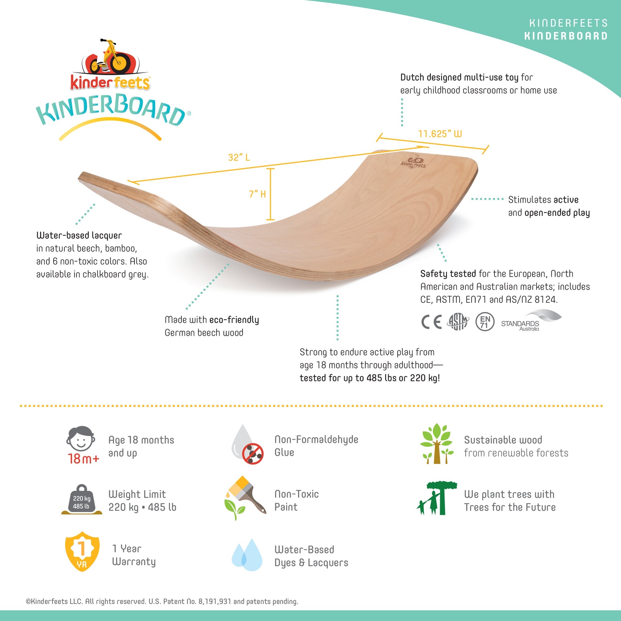 Kinderboard - Wooden Balance Board for Kids | Montessori Toddler Toy for Indoor & Outdoor Play | Improves Balance, Coordination & Motor Skills | Perfect for Playrooms, Classrooms & Backyards