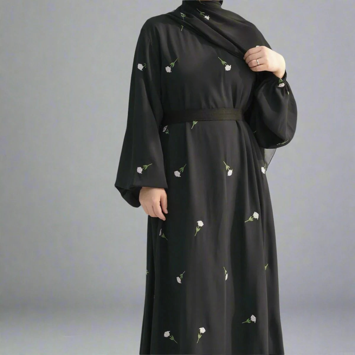 Elegant Floral Embroidery Nida Abaya Dress #25931 - Modest Islamic Fashion for Women, Perfect for Eid, Wedding & Special Occasions