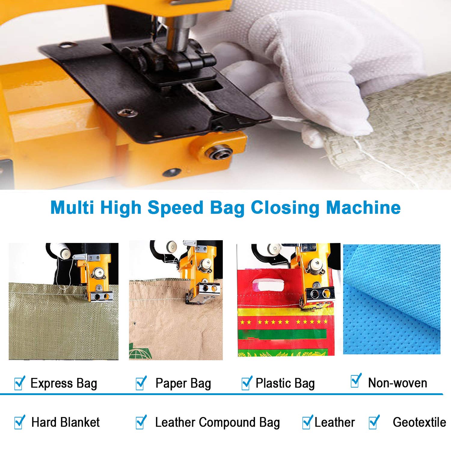 GK9-890 Industrial Bag Closer Machine | 110V Electric Bag Sealing & Stitching Machine | 190W High-Speed Handheld for Woven/Snakeskin/Paper Bags | Perfect for Packaging, Shipping & Retail Operations