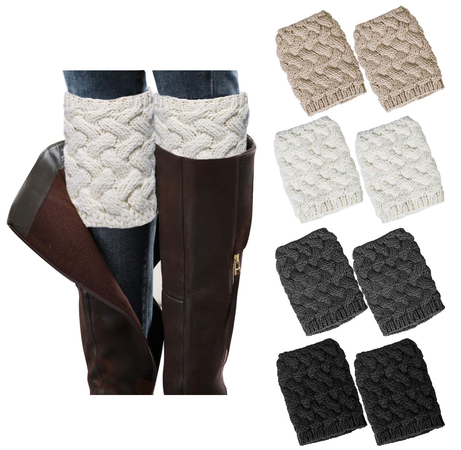Women's Winter Boot Socks - 4 Pairs Knitted Boot Cuffs for Warmth & Style