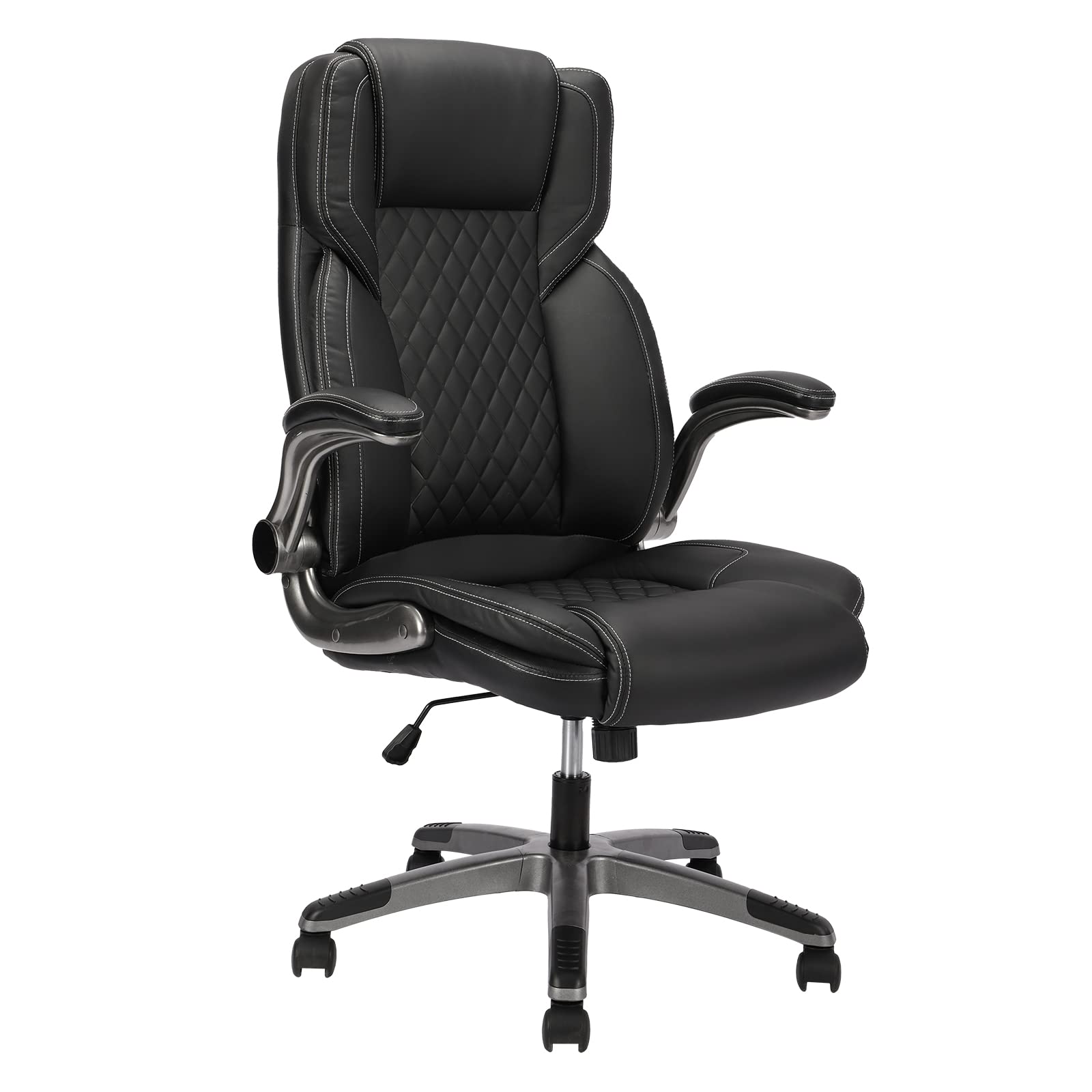 Premium Black Leather Executive Office Chair - High Back Adjustable with Flip-Up Armrests, Reclining Function & Lumbar Support - Diamond Stitched Ergonomic Swivel Task Chair for Home Office, Conference Rooms & Corporate Workspaces
