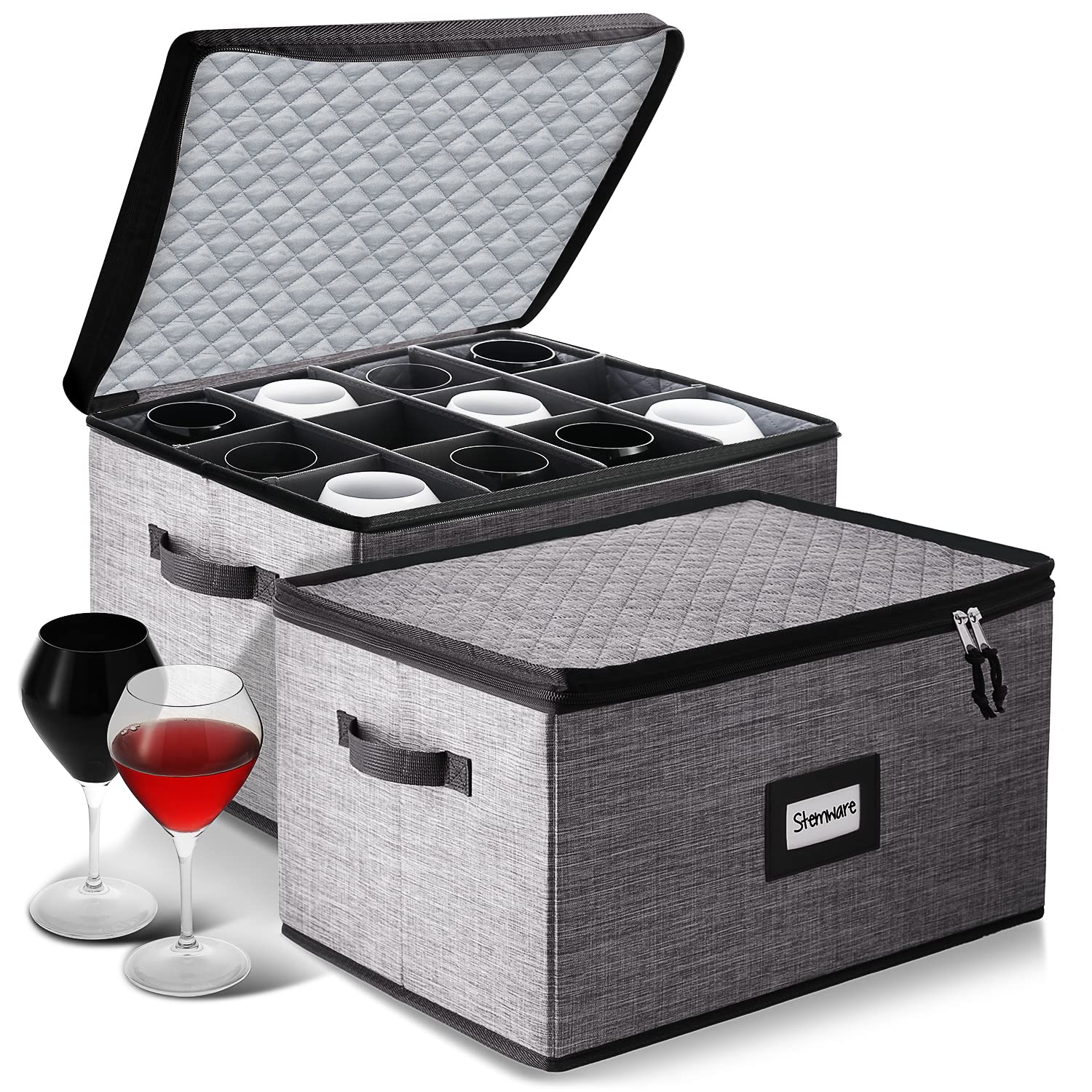 Premium 2-Pack Stackable Wine Glass Storage Box with Dividers - Holds 12 Stemware Glasses, Hard Shell Quilted China Storage Containers for Moving, Seasonal Storage & Home Organization | Perfect for Kitchen, Dining Room & Party Glassware Protection