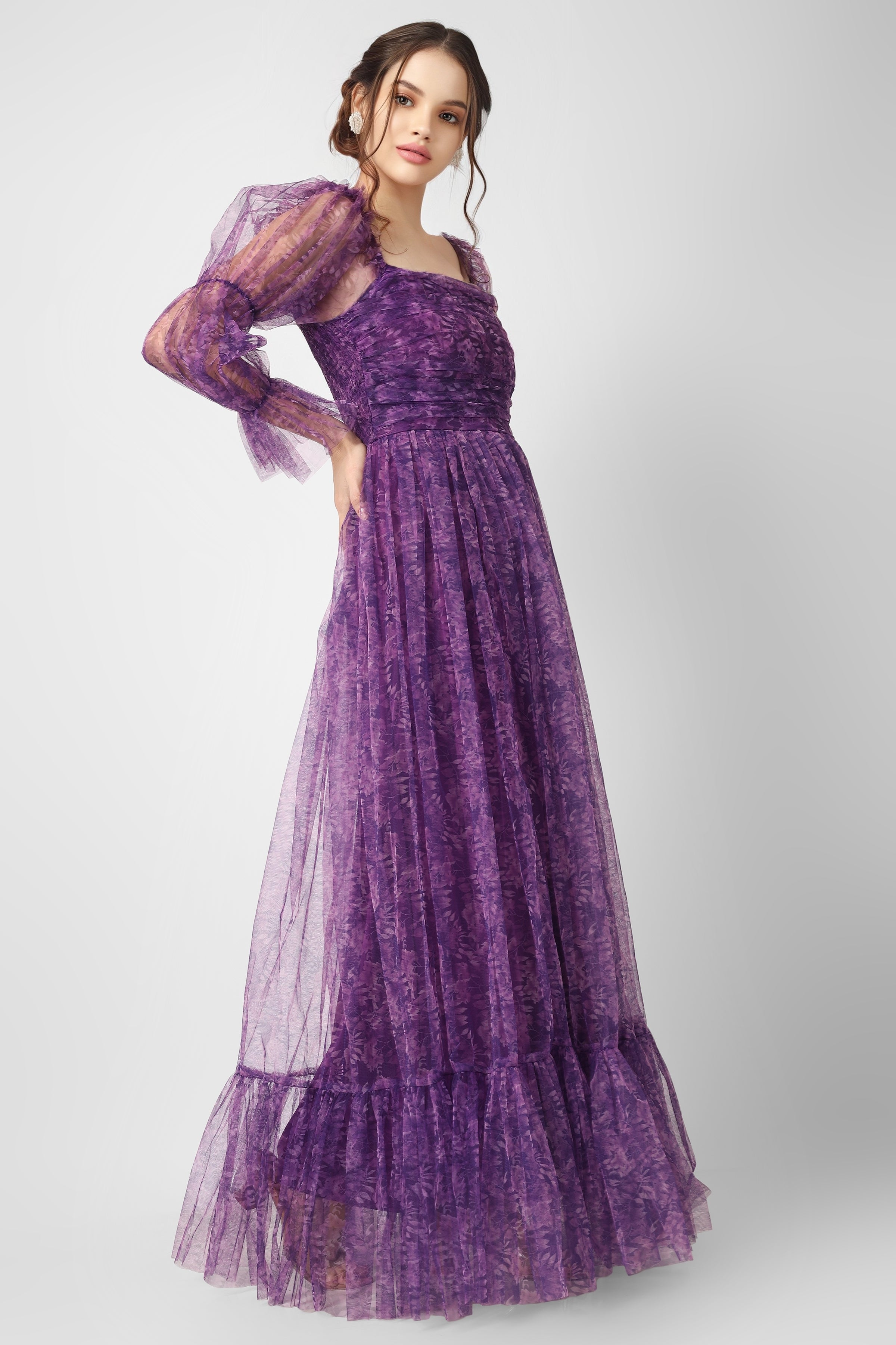 Elegant Ruth Purple Printed Tulle Dress for Women | Floral Lace Party Gown | Perfect for Weddings, Prom & Special Occasions