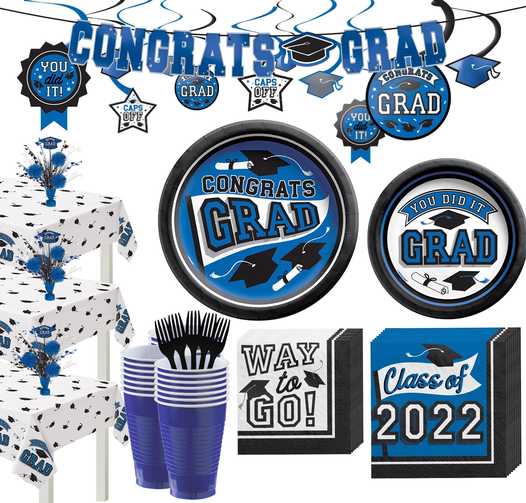 2022 Graduation Party Decorations & Supplies - Super Congrats Grad Blue Theme for 54 Guests with Tableware | Perfect for High School & College Graduation Celebrations, Commencement Parties & Grad Night Events