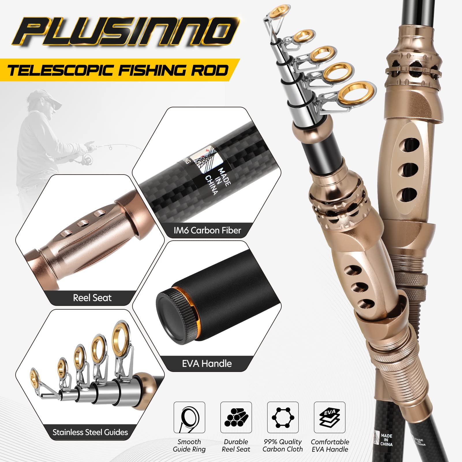 **PLUSINNO Carbon Fiber Telescopic Fishing Rod and Reel Combo Kit - Lightweight Saltwater & Freshwater Fishing Pole for Bass, Trout, and Surf Fishing - Perfect for Travel, Boat, and Shore Fishing**