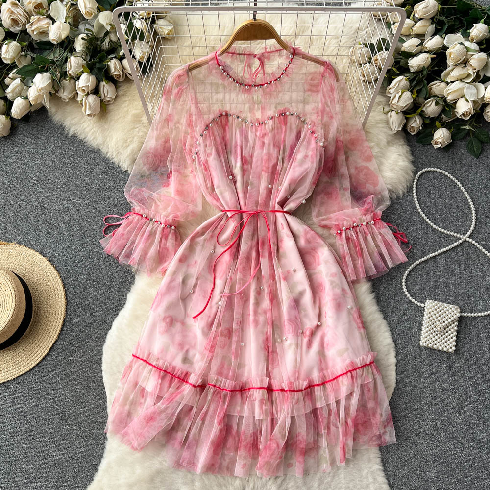 French Fairy Sweet Summer Mesh Long Sleeve Dress - Elegant Floral Lace Party Gown for Women | Perfect for Weddings, Garden Parties & Romantic Dates