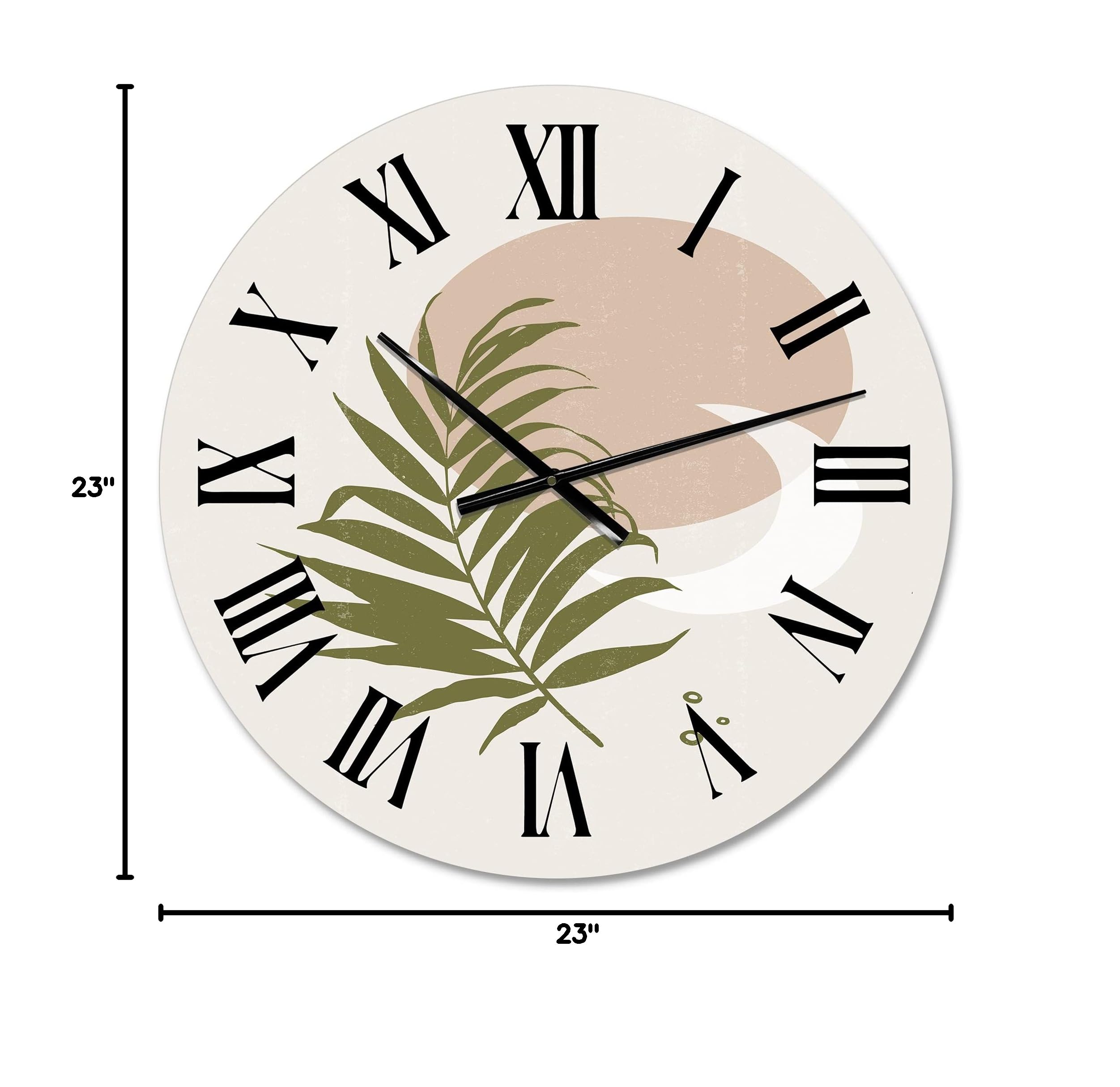 DesignQ Modern Abstract Sun and Moon Wall Clock with Green Leaf - Large Fractal Art Home Decor for Living Room, Bedroom & Office