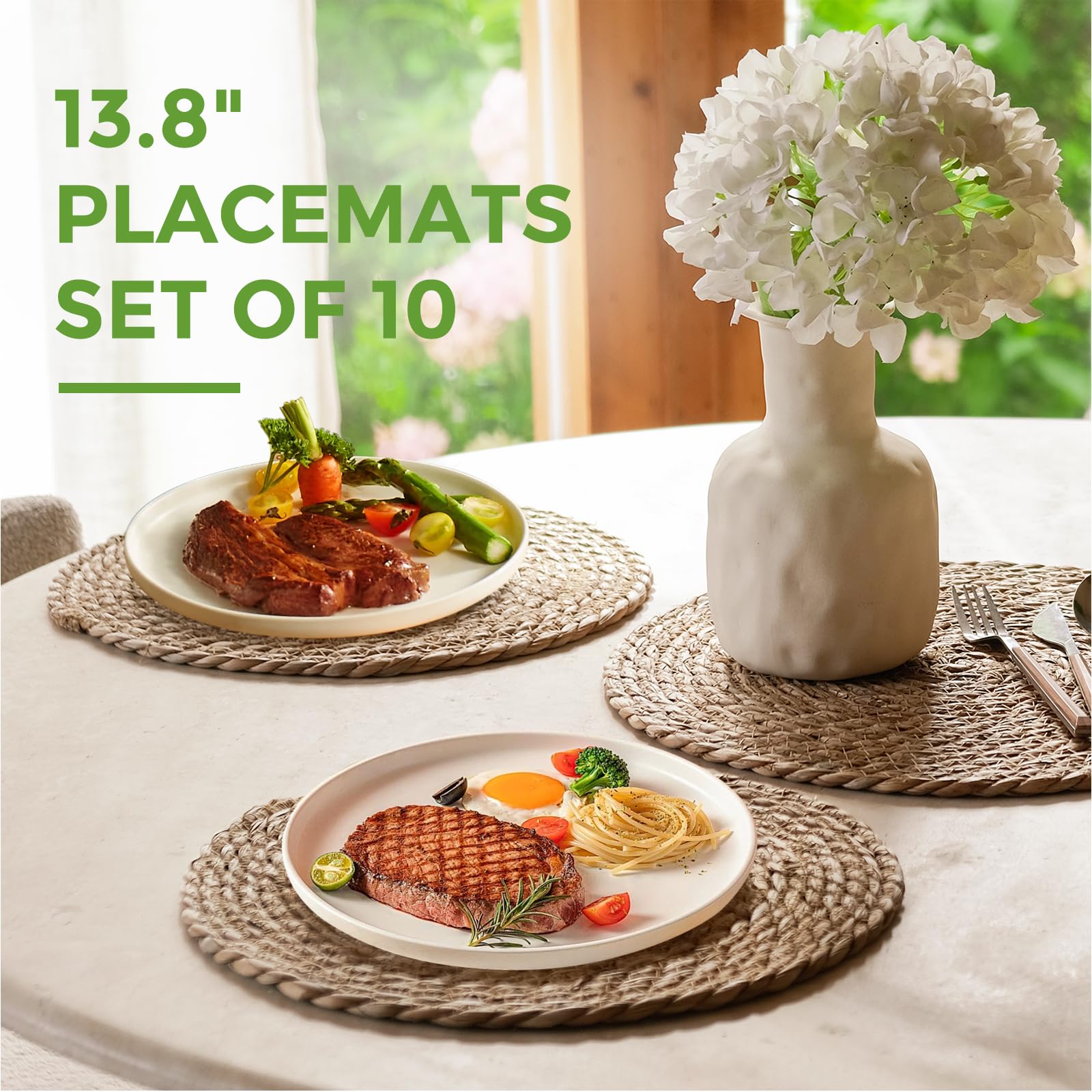 13.8 Inch Round Hand Woven Rattan Placemats Set of 10 - Boho Farmhouse Chargers for Dinner Plates, Braided Table Mats for Dining Room Decor | Perfect for Farmhouse, Rustic, and Coastal Style Home Decor