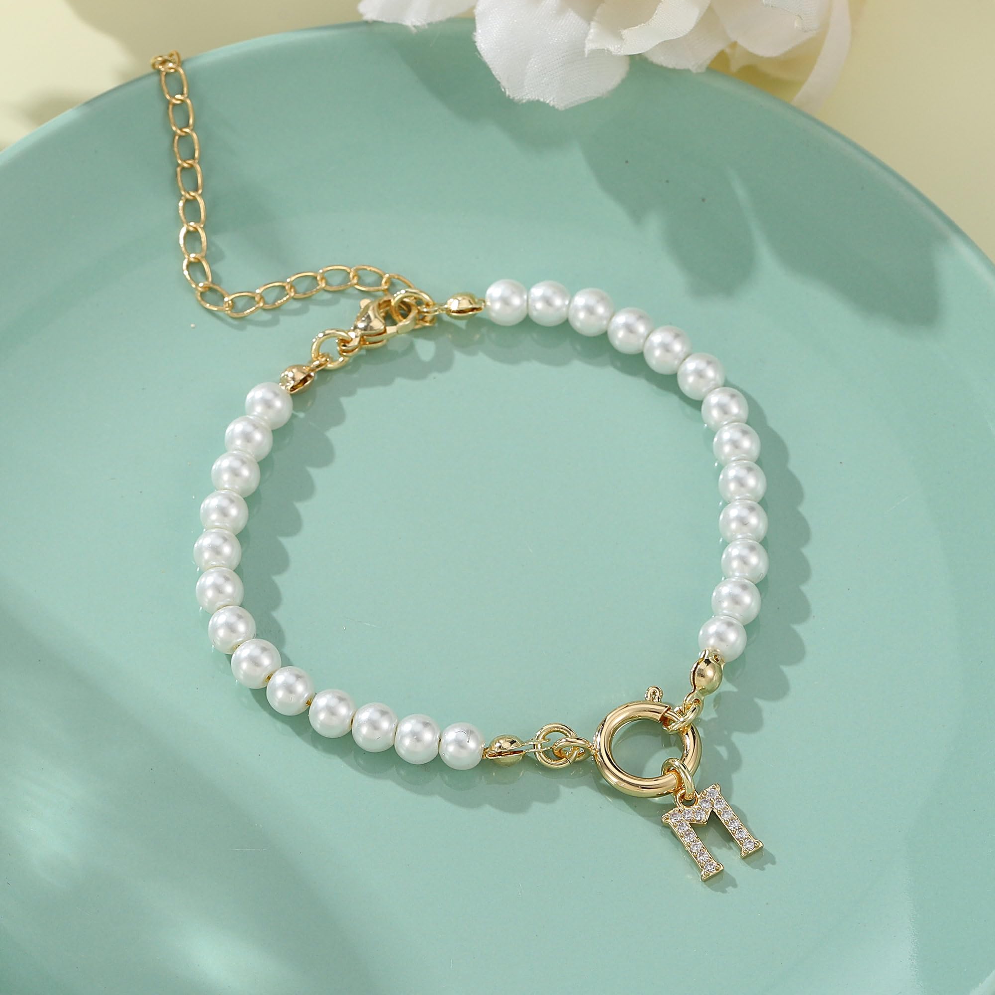 MONOZO Personalized Initial Pearl Bracelet for Women & Girls - Dainty Gold Letter Charm Jewelry, Elegant Bridesmaid Gift, Wedding Party Favors, Christmas Present | Perfect for Birthdays, Anniversaries & Special Occasions