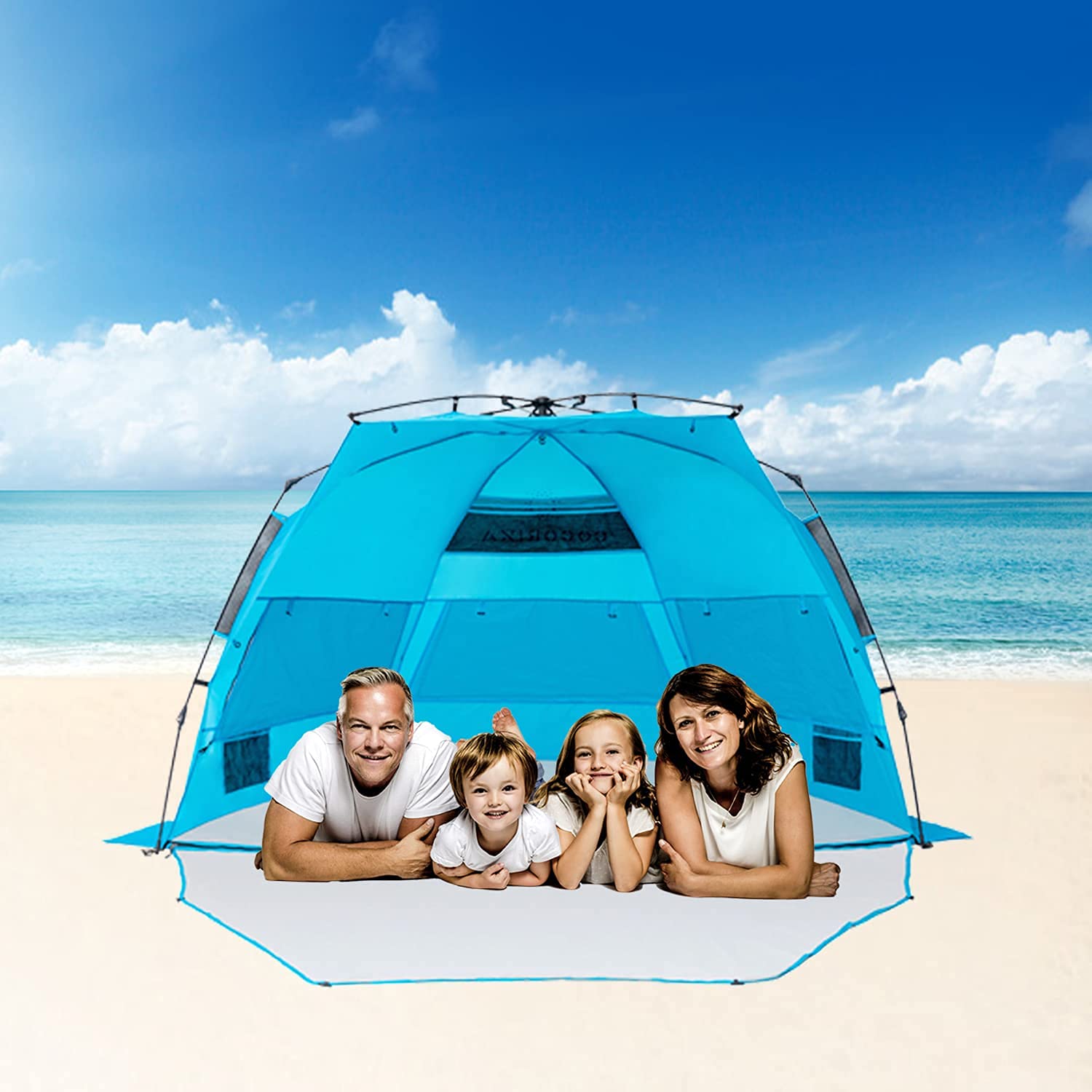Valigo Pop Up Beach Tent Sun Shelter - XL Portable Shade Canopy for 4 People with 3 Ventilation Windows & Extended Floor | UV Protection Instant Tent for Family Camping, Picnics, Beach Outings (Blue)