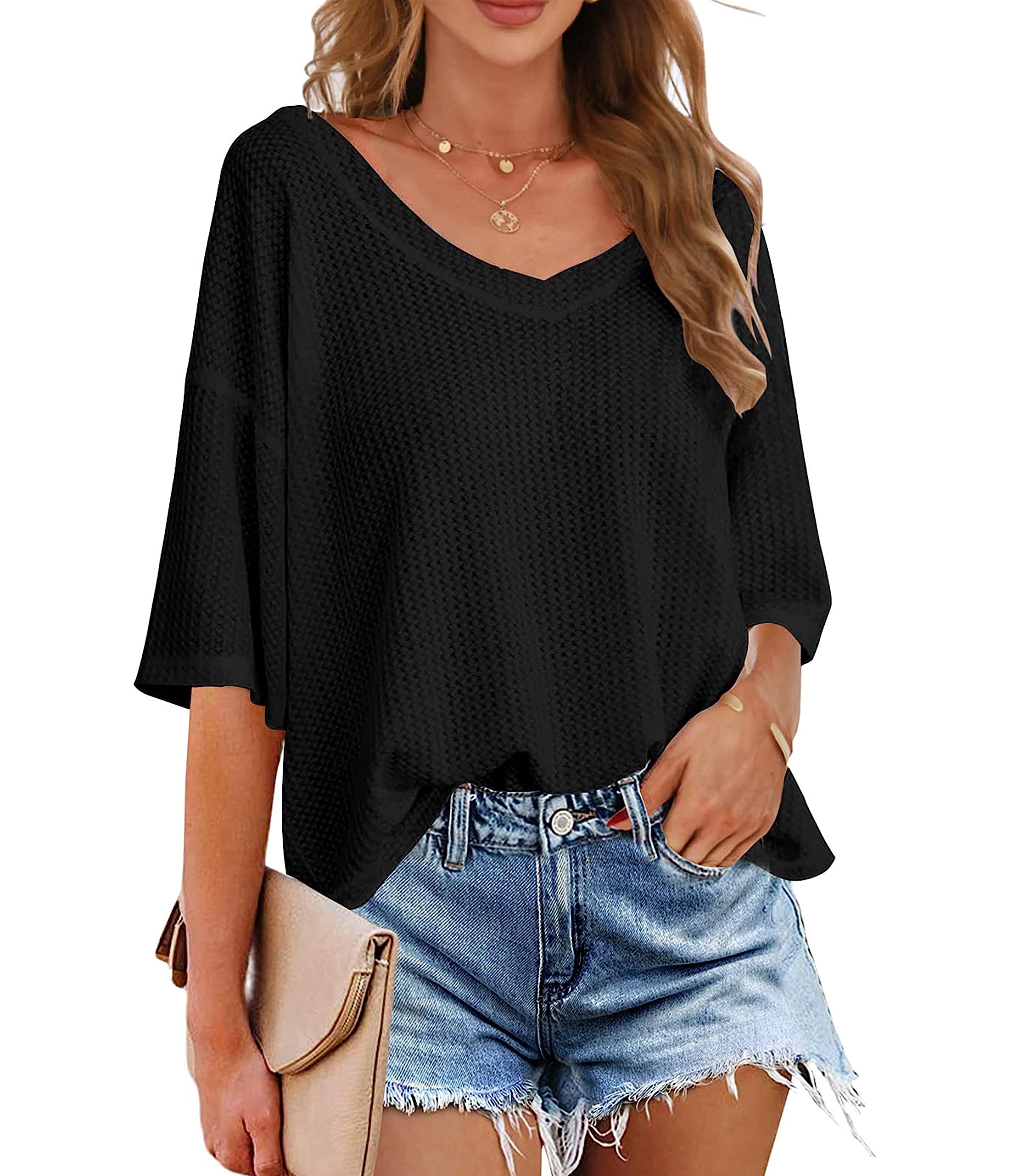 MEROKEETY Women's V Neck Batwing Half Sleeve Shirts - Soft Waffle Knit Loose Blouse, Solid Color Casual Tops for Women | Perfect for Work, Date Night & Everyday Wear