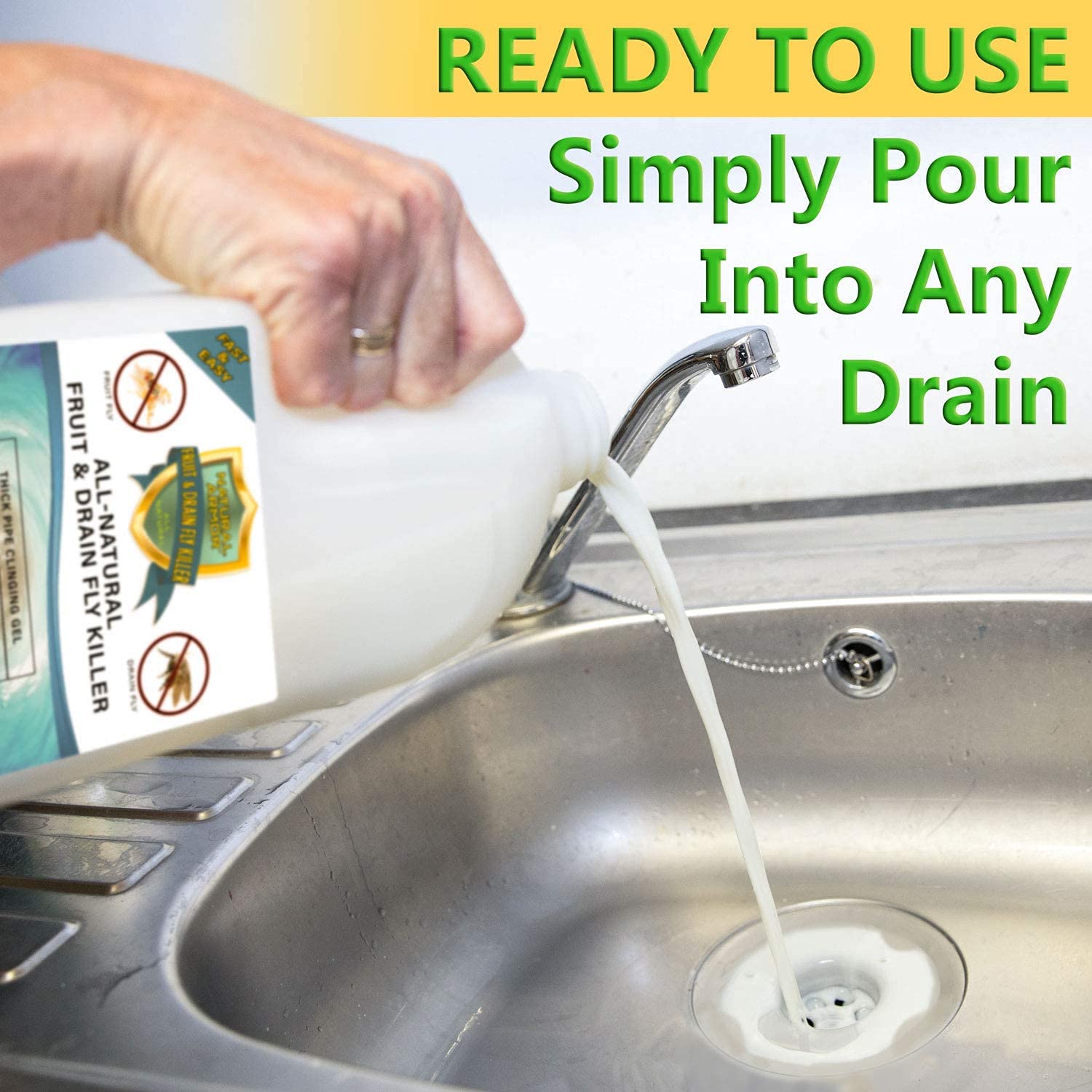 **Powerful Fruit Fly & Drain Fly Killer Gel - Commercial Strength Drain Treatment (128 Oz, Case of 4) - Eliminates Fruit Flies, Drain Flies, Sewer Flies & Gnats Fast - Easy-to-Use for Kitchens, Bathrooms & Commercial Spaces**