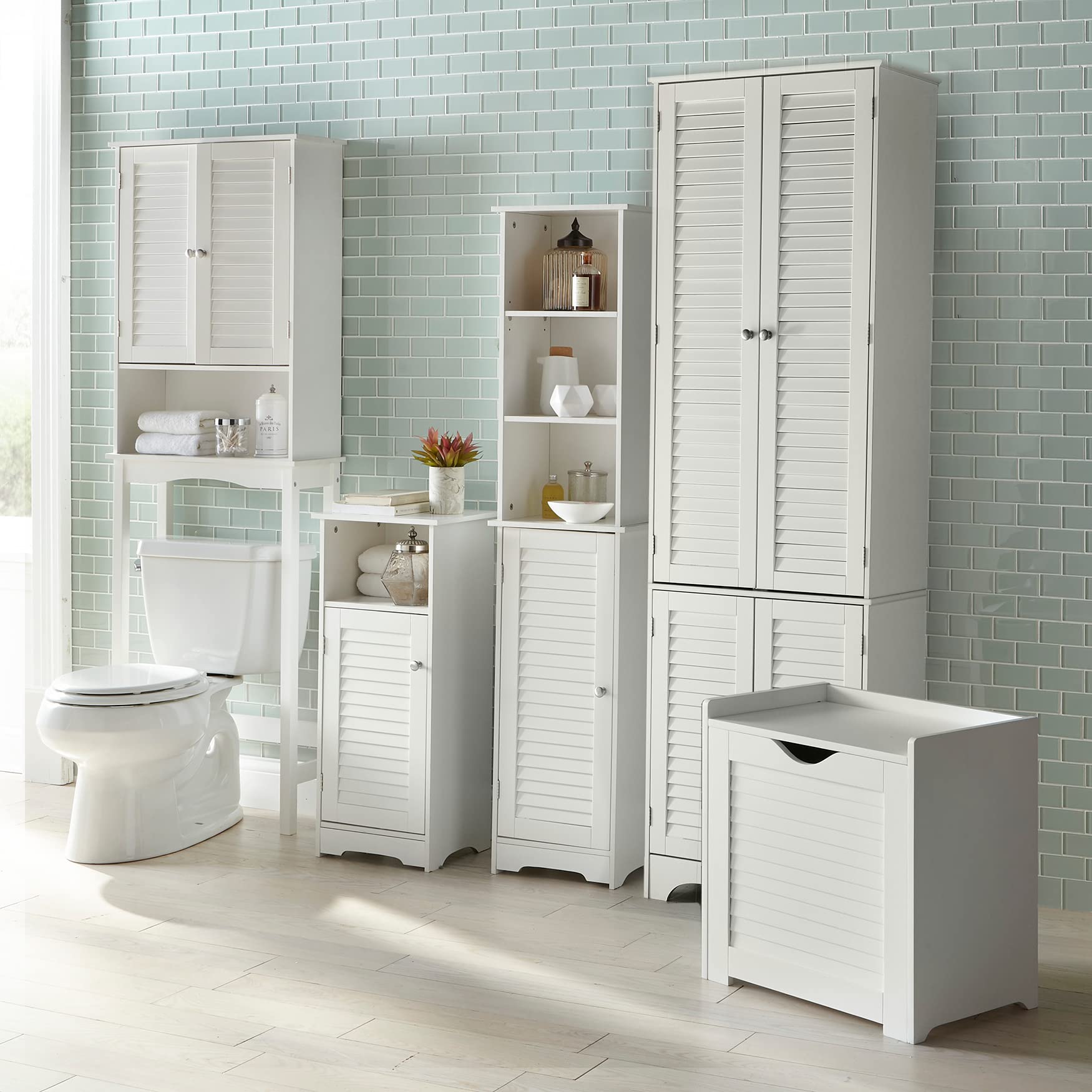 BrylaneHome Louvre Linen Cabinet - White Storage Organizer for Bedroom, Bathroom & Closet | Space-Saving Linen Closet with Adjustable Shelves