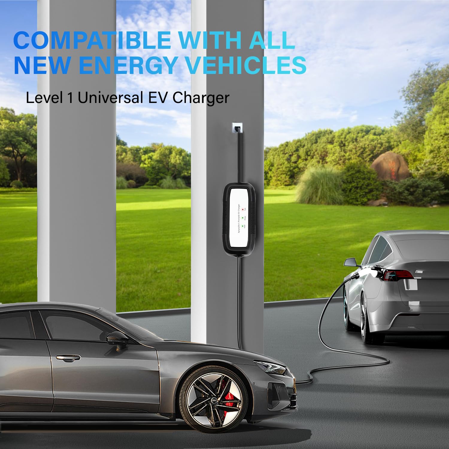 Portable Level 1 EV Charger - 15Amp 110V Electric Vehicle Charger with 21Ft Extension Cord, NEMA 5-15P Plug for Home Charging Station | SAE J1772 Compatible (Tesla Requires Adapter) | Perfect for Home, Office & Emergency Roadside Charging
