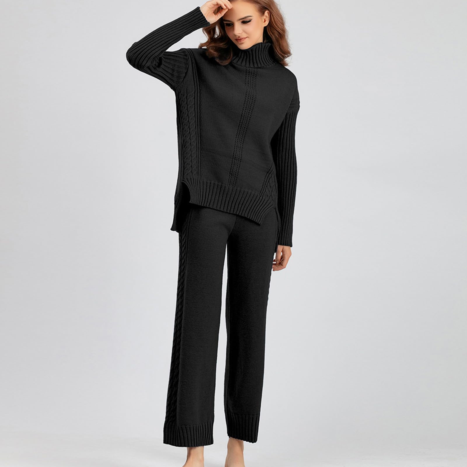 Women's 2-Piece Knitted Lounge Set - Long Sleeve Sweater Top & Pants Comfy Outfit for Autumn Winter | UK Size | Cozy Home Wear, Sleepwear & Casual Pajama Sets for Relaxing at Home