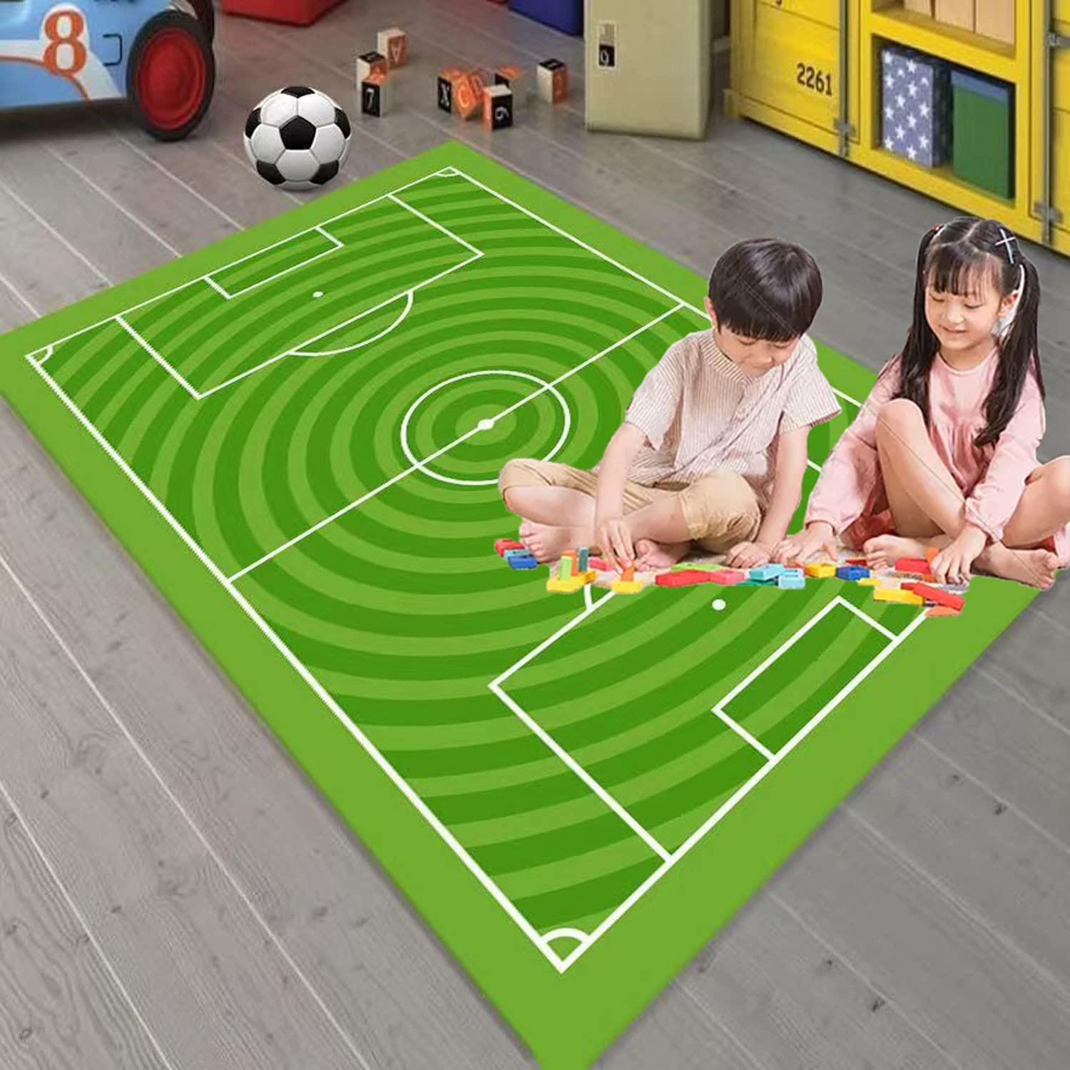 5x8 Kids Soccer Football Field Rug - Non-Slip Playmat for Boys & Girls Bedroom, Sports Room & Living Room - Green Sports Themed Area Carpet for Children's Play Area & Game Room Decor