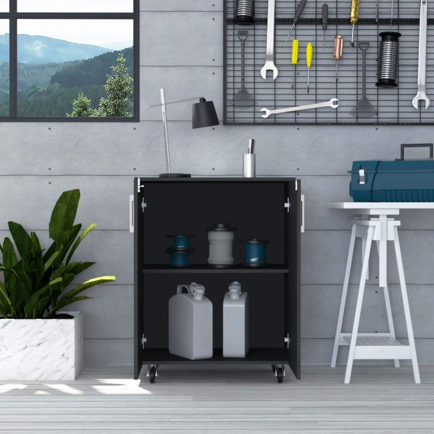 Rushville Utility Sink Cabinet with Double Doors - Stainless Steel Countertop & 3 Drawers - 35.43
