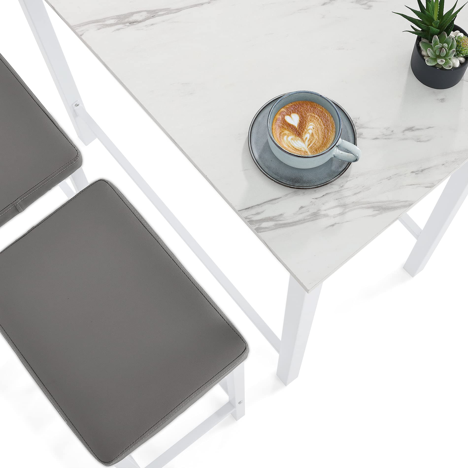 White Bar Height Dining Table Set for 2 - 3-Piece Pub Counter Height Kitchen Table with 2 Backless Cushioned Stools - Faux Marble Breakfast Nook for Small Spaces & Apartments - Perfect for Kitchen, Dining Room, or Breakfast Nook Decor