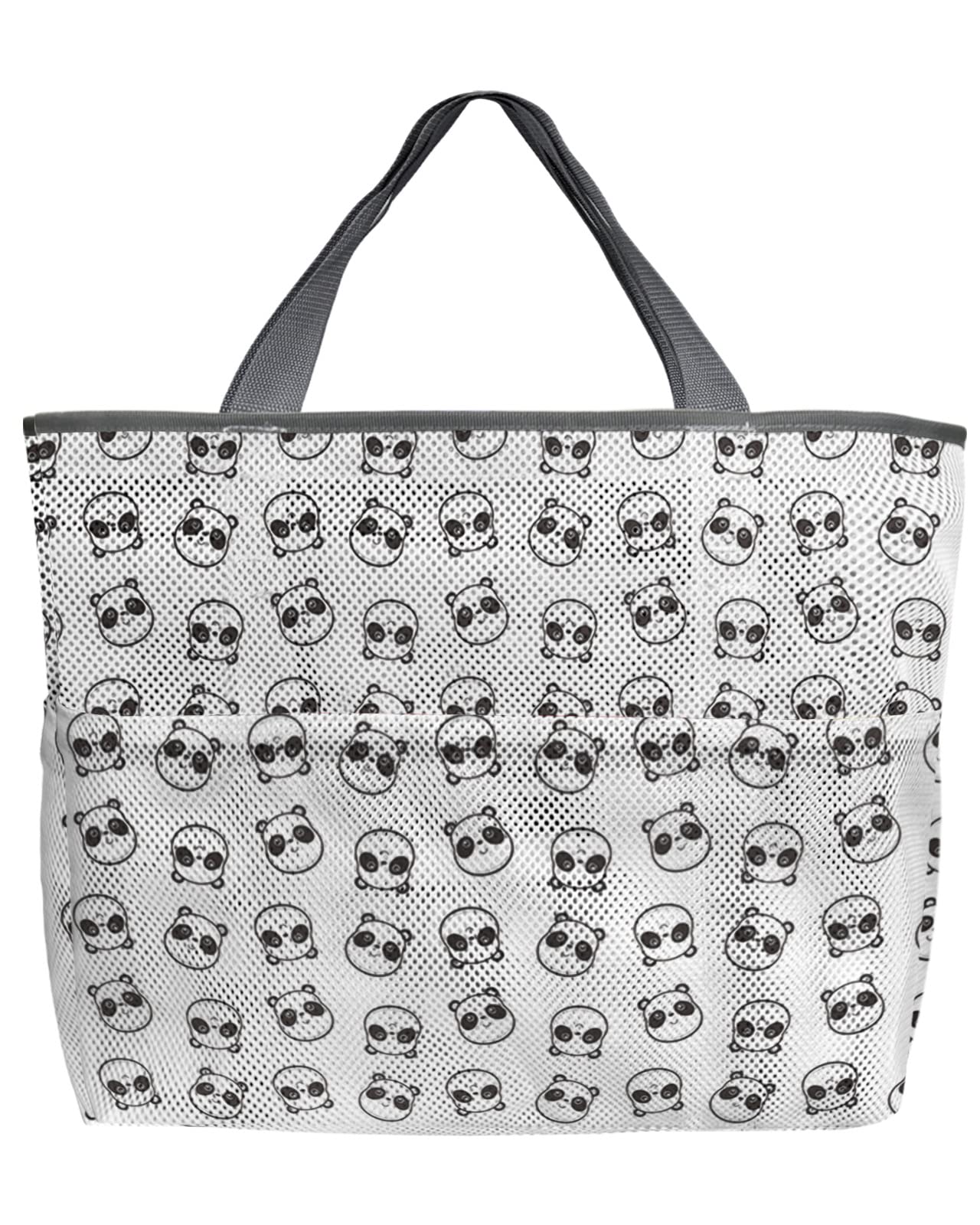 Funny Cartoon Panda Mesh Beach Tote Bag - 60L Oversized Quick-Dry Swim Bag with Pockets | Lightweight Foldable White & Black Net Bag (24