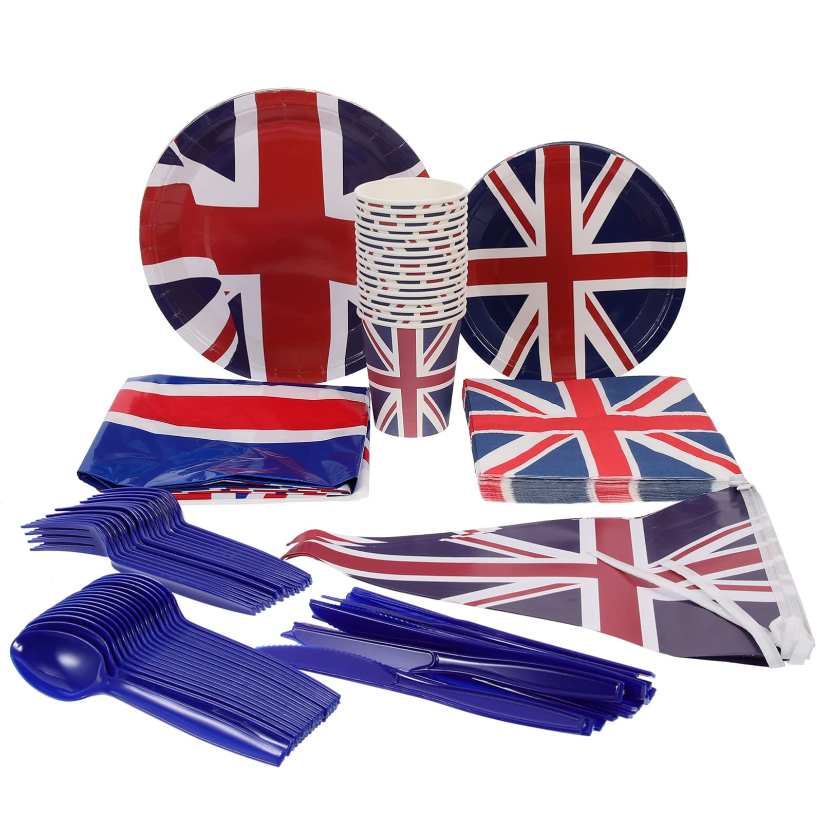 VALICLUD British Flag Party Supplies Set - UK England Union Jack Plates, Napkins, Cups & Banner Decorations | Complete Tableware Kit for Queens Platinum Jubilee, Birthday Parties & Patriotic Events