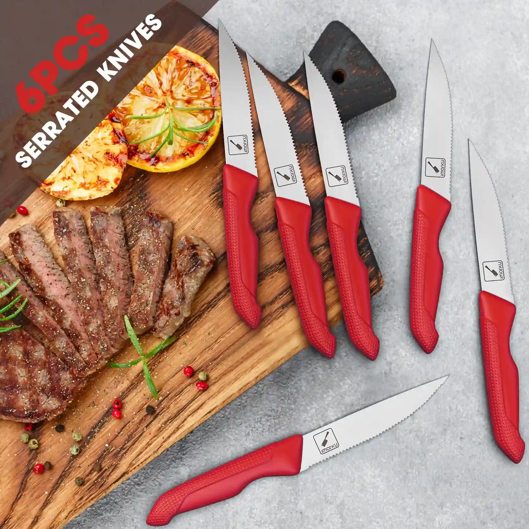 Premium 6-Piece Red Knife Set with Sharp Stainless Steel Blades & Ergonomic PP Handles - Perfect for Kitchen, Camping, BBQ, and Outdoor Cooking