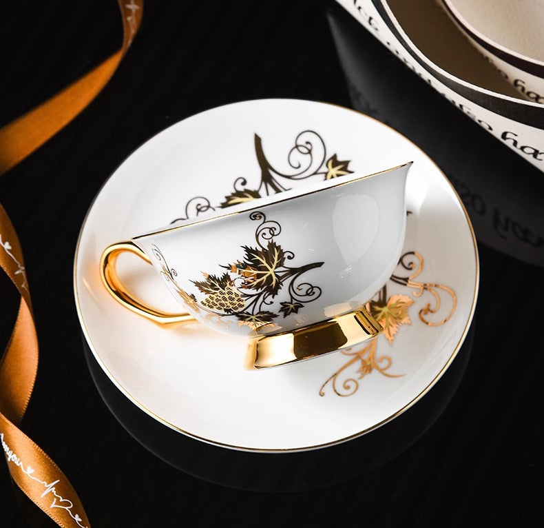 Premium British Ceramic Coffee & Tea Cups Set - Golden Leaves & Grapes Bone China Porcelain with Saucer - Elegant Tea Time Gift Box - Perfect for Afternoon Tea, Bridal Showers & Home Decor