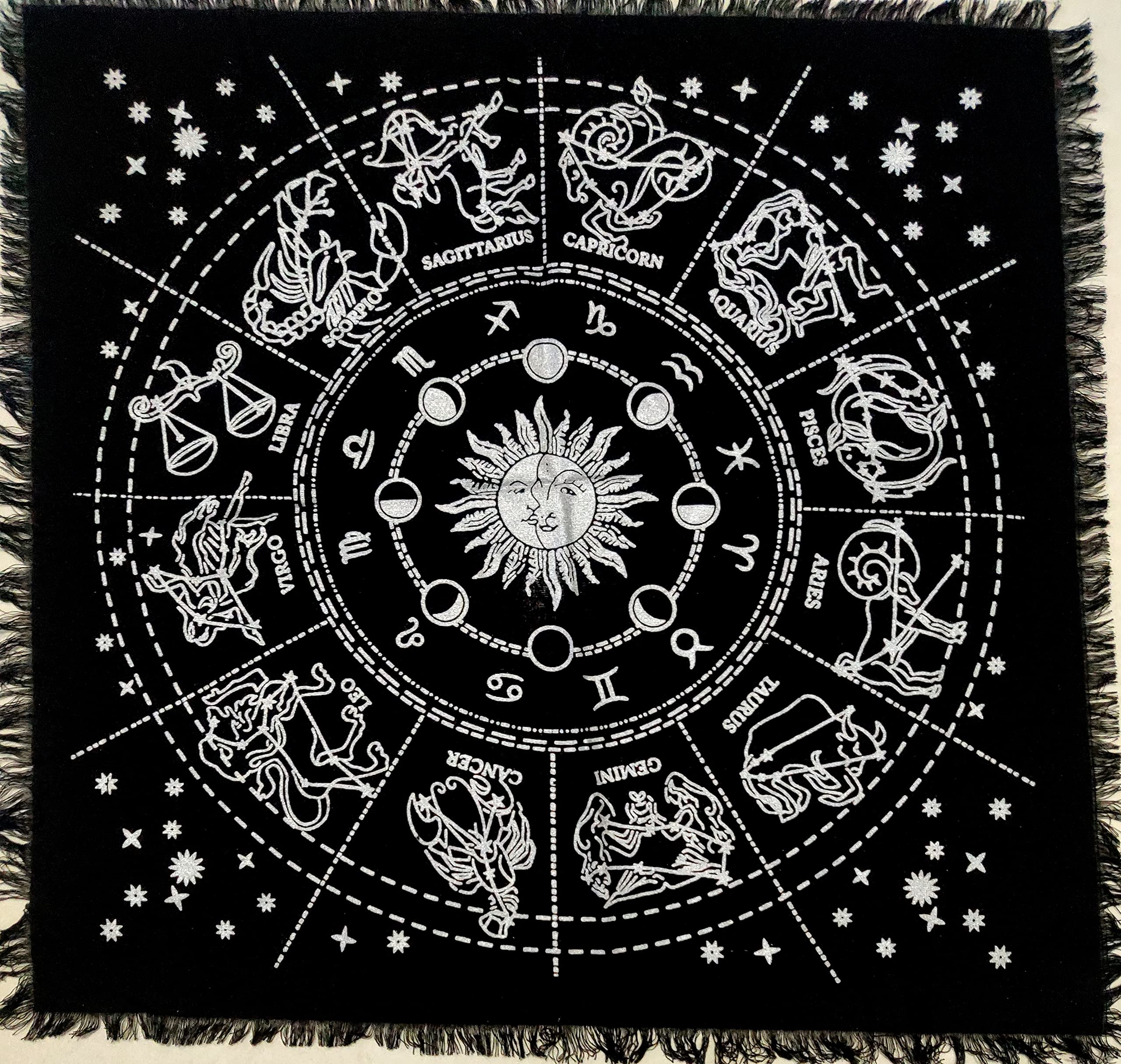 Premium 12 Constellation Altar Cloth - Sun, Moon & Stars Design for Witchcraft, Tarot, Wicca Rituals | 18x18 Inch Zodiac Silver Spiritual Cloth | Perfect for Meditation, Divination & Sacred Ceremonies