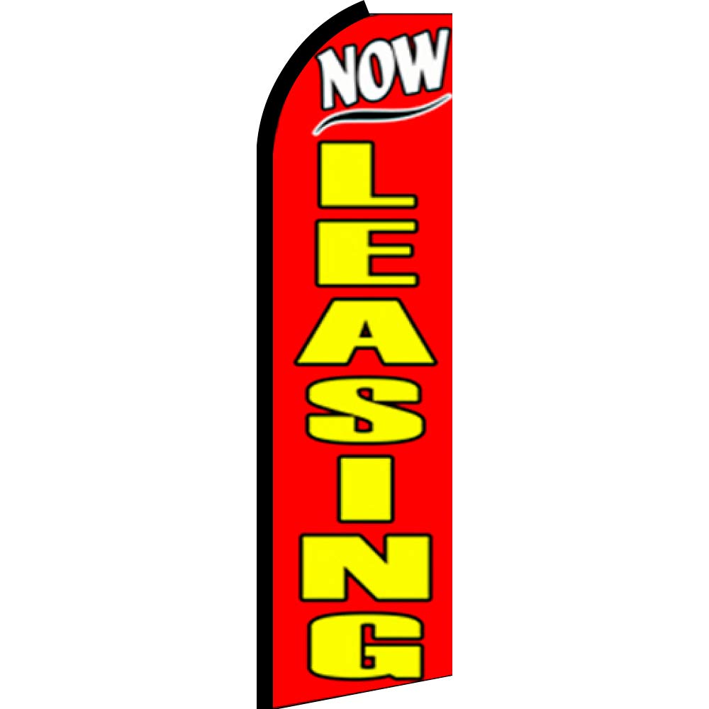 NOW LEASING Red Flutter Feather Banner Flag Kit - 6FT Flag with Pole & Ground Mount - Perfect for Real Estate, Grand Openings, and Outdoor Events