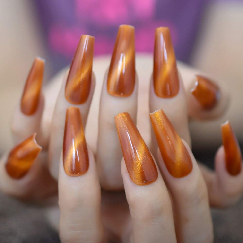 Glossy Handmade Cat Eye Extra Long Coffin False Nails - Dark Orange Press On Nails 20pcs Set - Flat Ballerina Fake Nails for Salon, Manicure & Party Wear