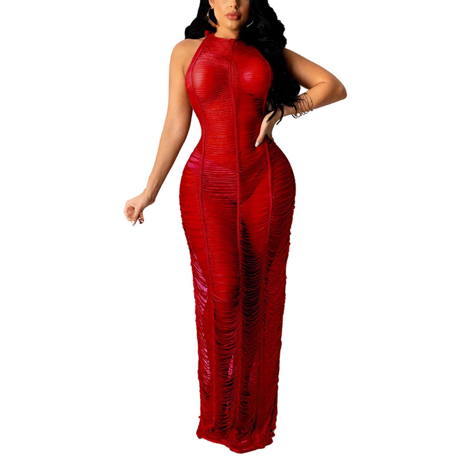 Sexy Crochet Halter Neck Beach Cover Up Dress for Women - Summer Hollow Out Knitted Maxi Bikini Cover - Perfect for Poolside, Vacations & Tropical Getaways
