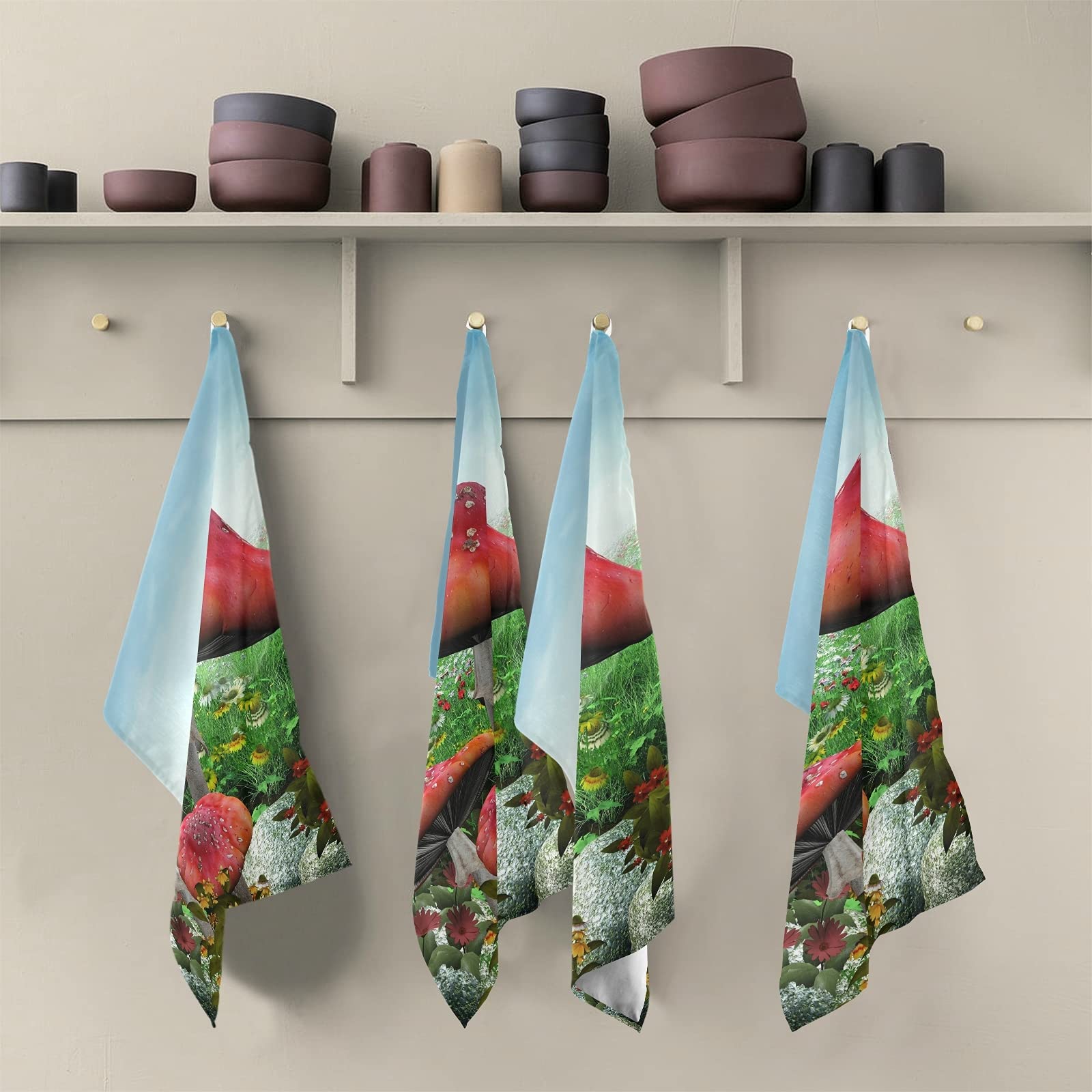 ALAZA Magic Red Mushroom Kitchen Towels Set of 4 - 18x28 Inch Absorbent Dish Cloths for Washing Dishes, Drying Hands & Kitchen Decor - Cute Tea Towels for Cooking, Baking & Home Decor
