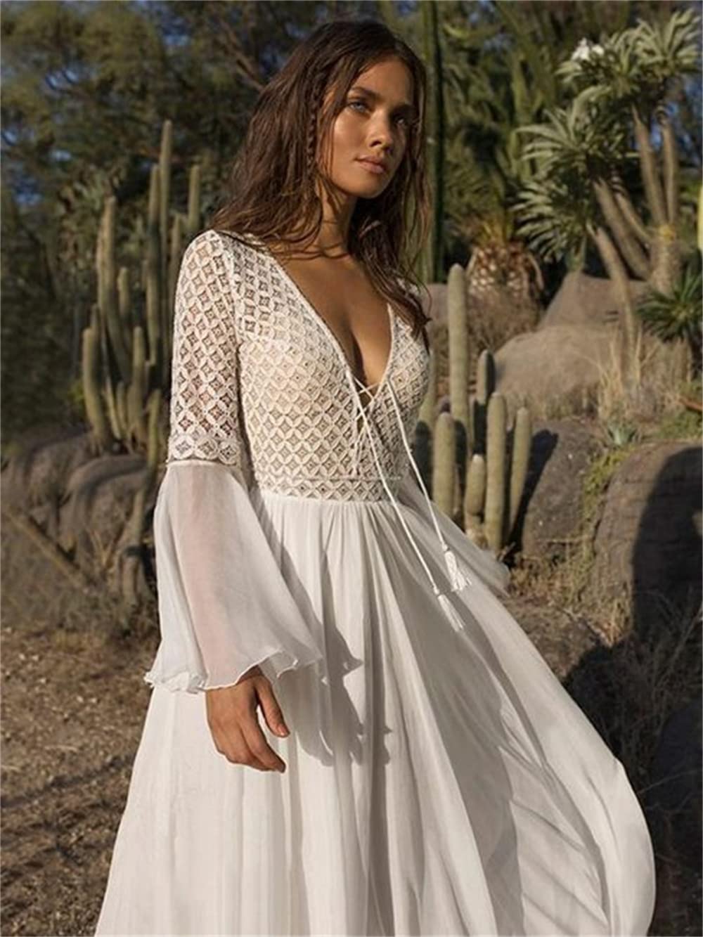 Sexy Boho Wedding Dress - A-Line V-Neck Chiffon Maxi Gown with Long Sleeves | Perfect for Beach, Garden & Bohemian Weddings