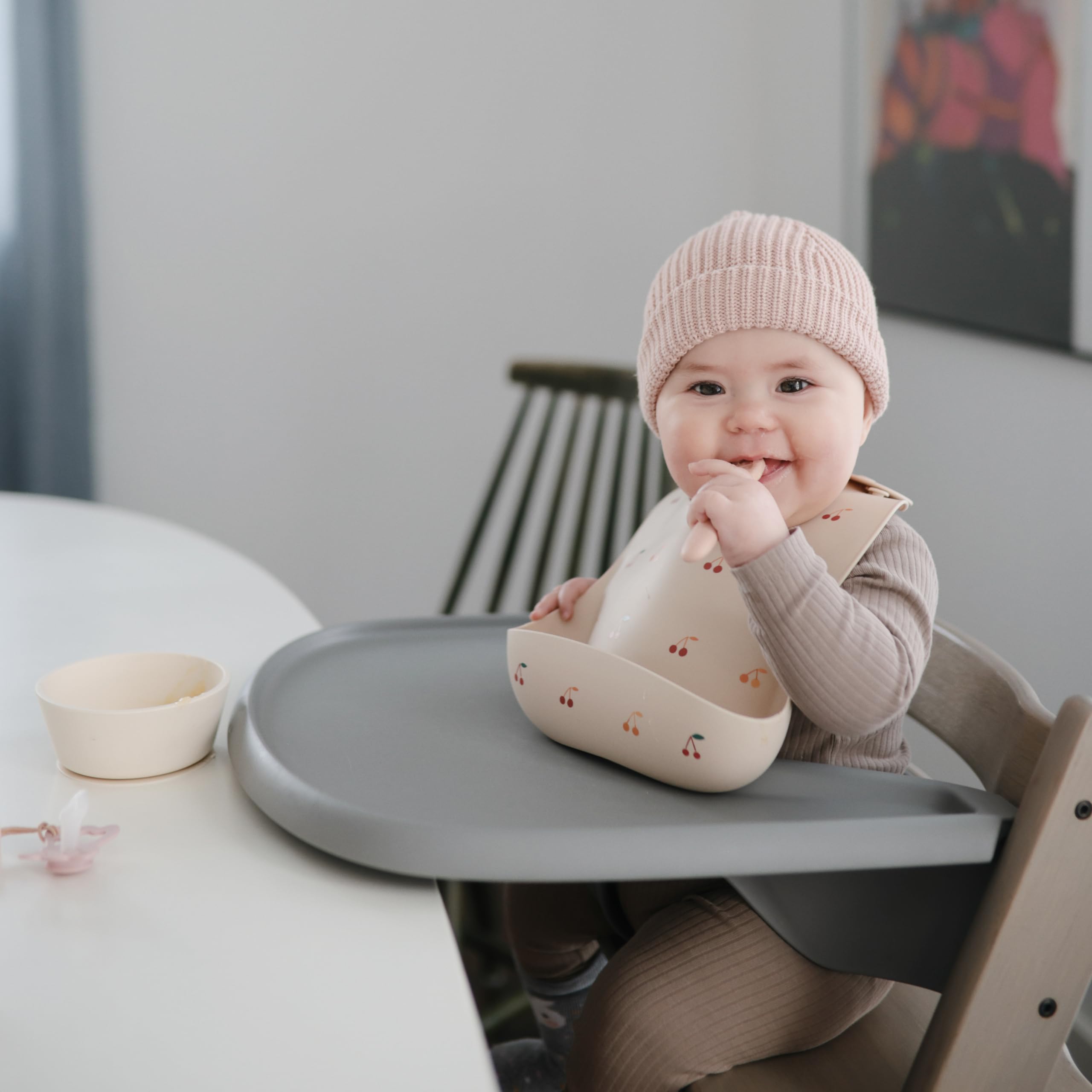 Mushie Silicone Baby Bib - Adjustable, Waterproof Feeding Bib for Toddlers & Infants (Cherries Pattern) - Perfect for Mealtime, Snacks, and Messy Play