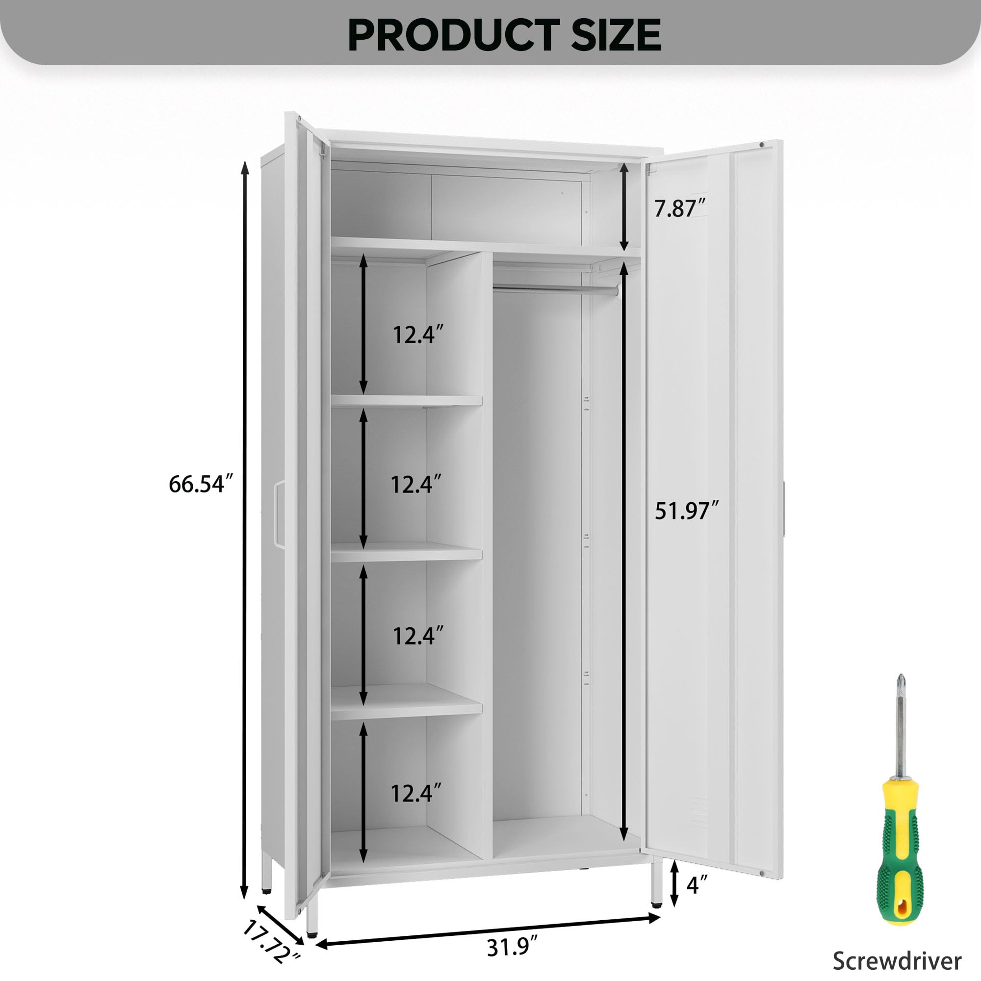 MIOCASA White Metal Armoire Wardrobe Closet - 2 Door Steel Storage Cabinet with 4 Shelves for Bedroom, Living Room & Office Organization - Perfect for Clothes, Shoes & Home Storage Solutions