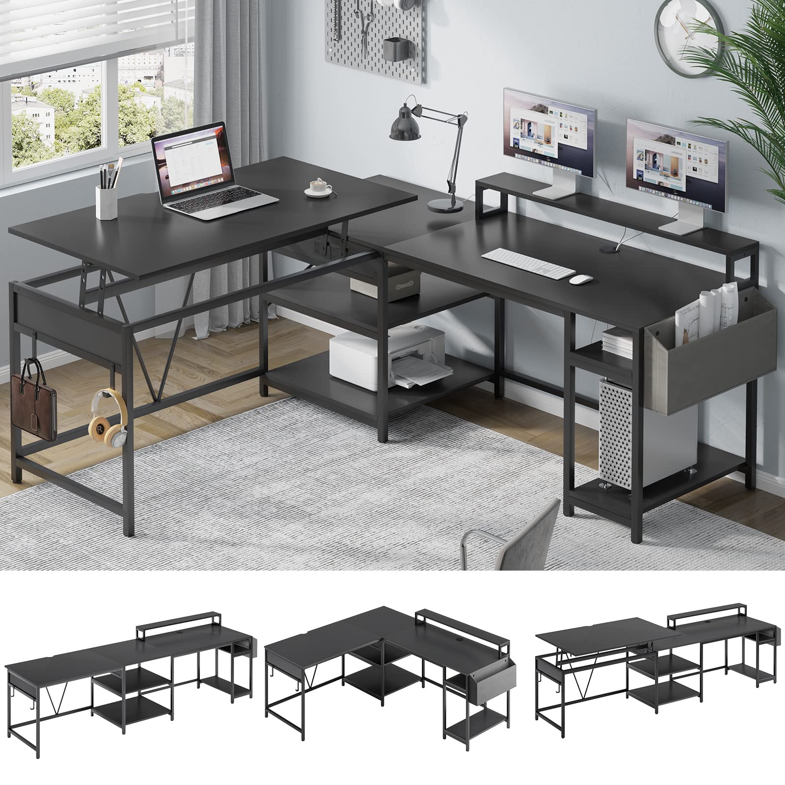 SEDETA L-Shaped Desk with Lift Top & Storage Shelves - Reversible Corner Office Desk with Monitor Stand & Headphone Hook - Home Office Computer Desk in Black for Small Spaces & Gaming Setups