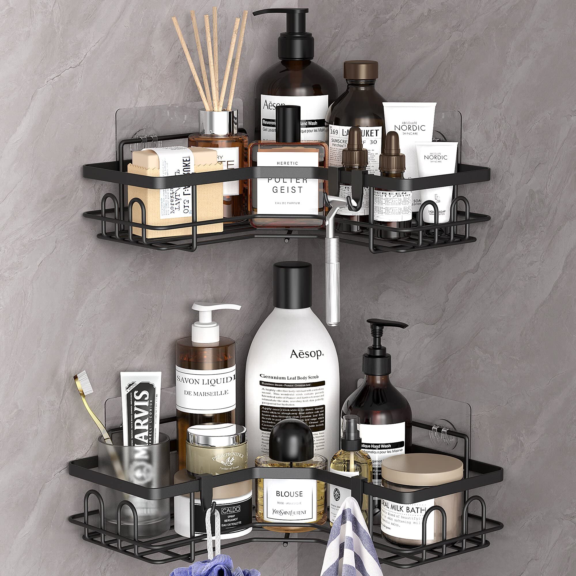 2 Pack Black Corner Shower Caddy Organizer with Hooks - Rustproof Bathroom Storage Shelf for Shampoo, Soap & Towels - Perfect for Small Spaces & Apartment Showers