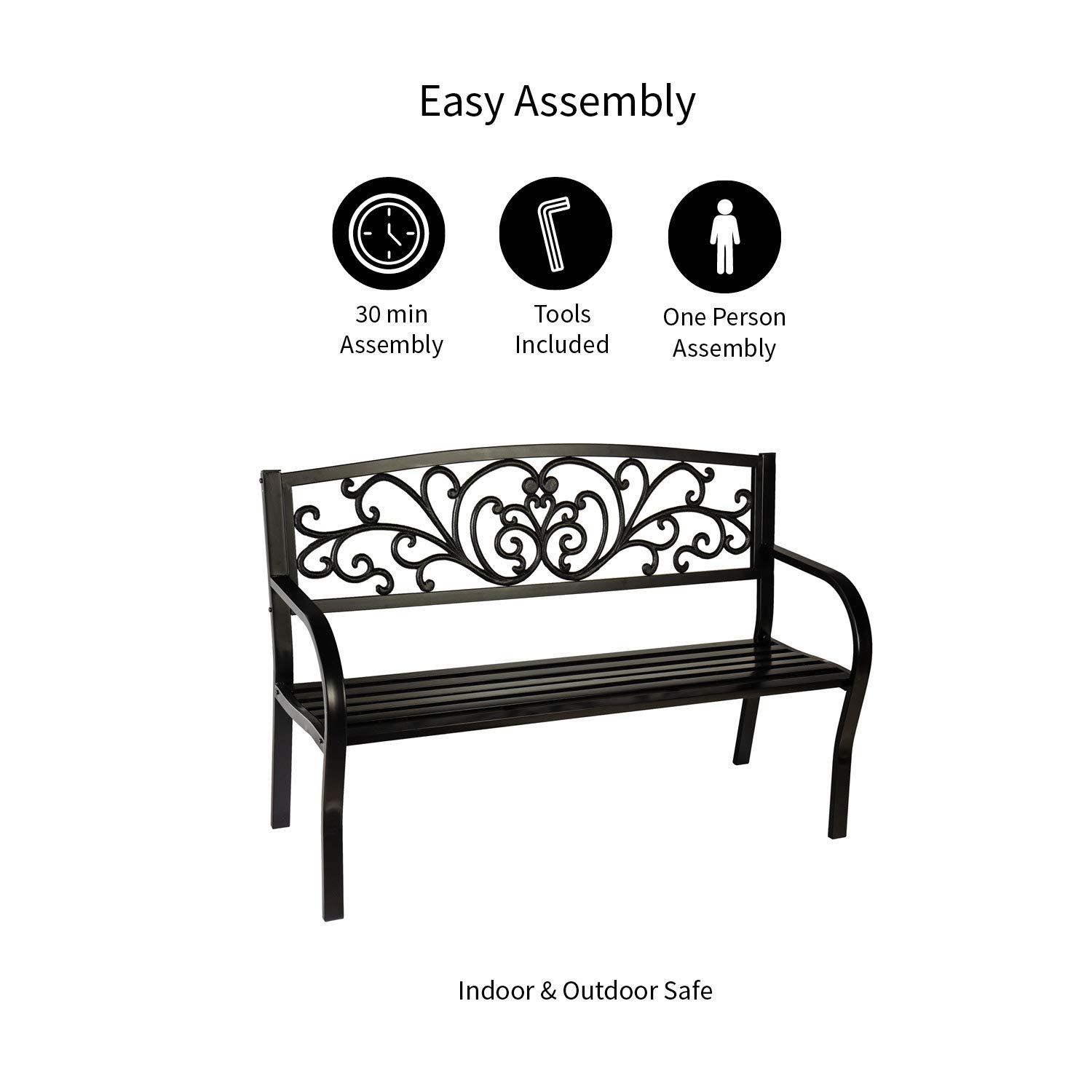 Evergreen Weatherproof Outdoor Bench for Garden, Patio, Porch & Park - Heavy Duty Steel Frame Supports 300 lbs - Perfect for Relaxing in Blooming Gardens, Decks & Outdoor Spaces - Black