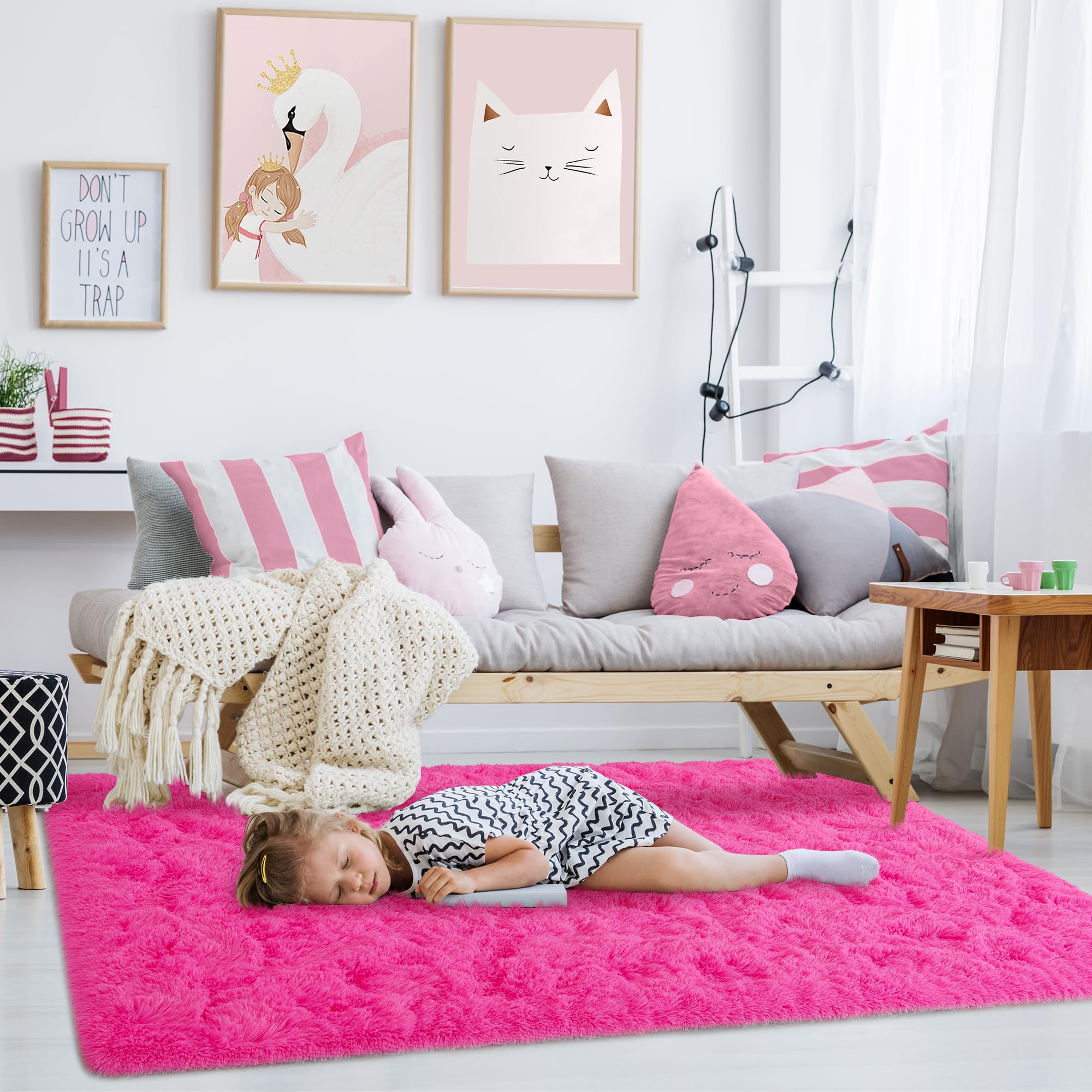 Fluffy 3x5 Hot Pink Shaggy Area Rug - Soft Plush Bedroom Carpet for Girls, Kids Room & Dorm Decor - Thick Fuzzy Living Room Rug - Cozy Floor Mat for Aesthetic Home, Nursery & Playroom Decor