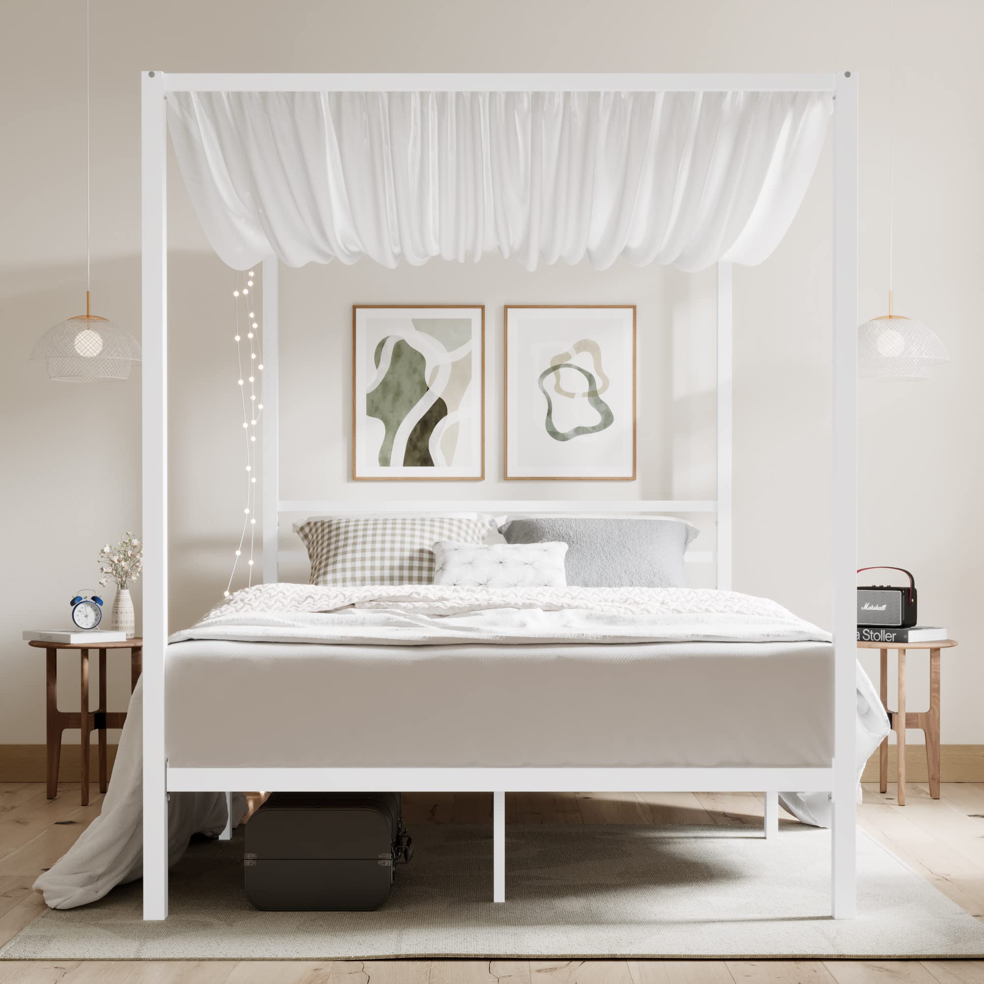 Full Size Metal Canopy Bed Frame with Storage - White for Modern Bedrooms