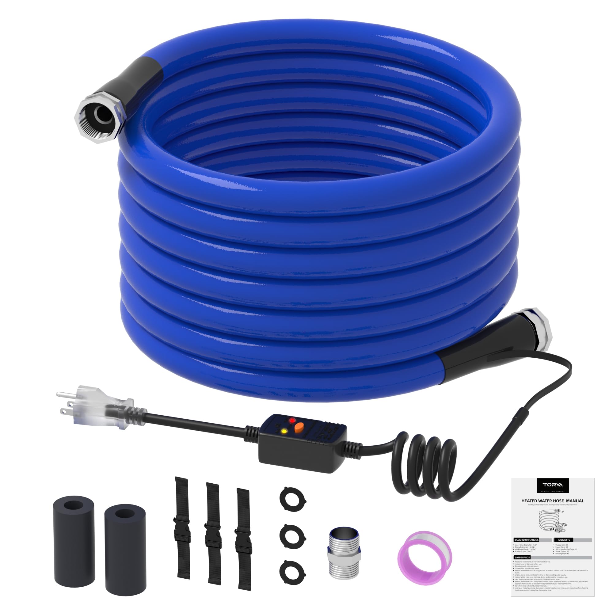 TORVA 30FT Heated Water Hose for RV - Lead & BPA Free Heated Drinking Water Hose with Insulating Sponge - Electrically Heated Garden Hose for Camper, Winter Camping & Outdoor Water Supply - RV Accessories