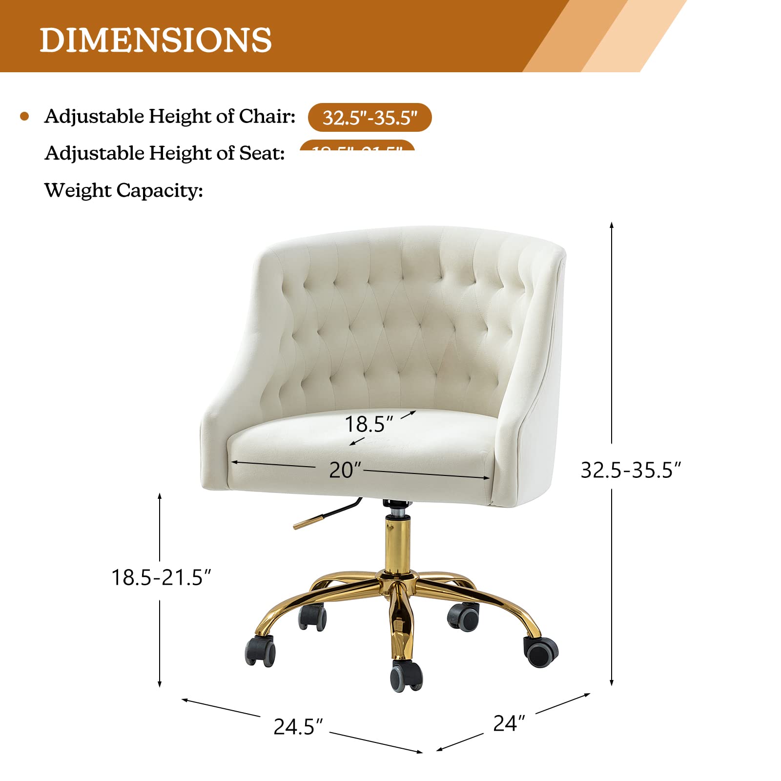 Velvet Home Office Chair with Gold Base - Modern Adjustable Swivel Task Chair for Living Room, Bedroom & Study - Comfortable Desk Chair for Work & Vanity - Ivory | Perfect for Remote Work, Gaming & Makeup Stations