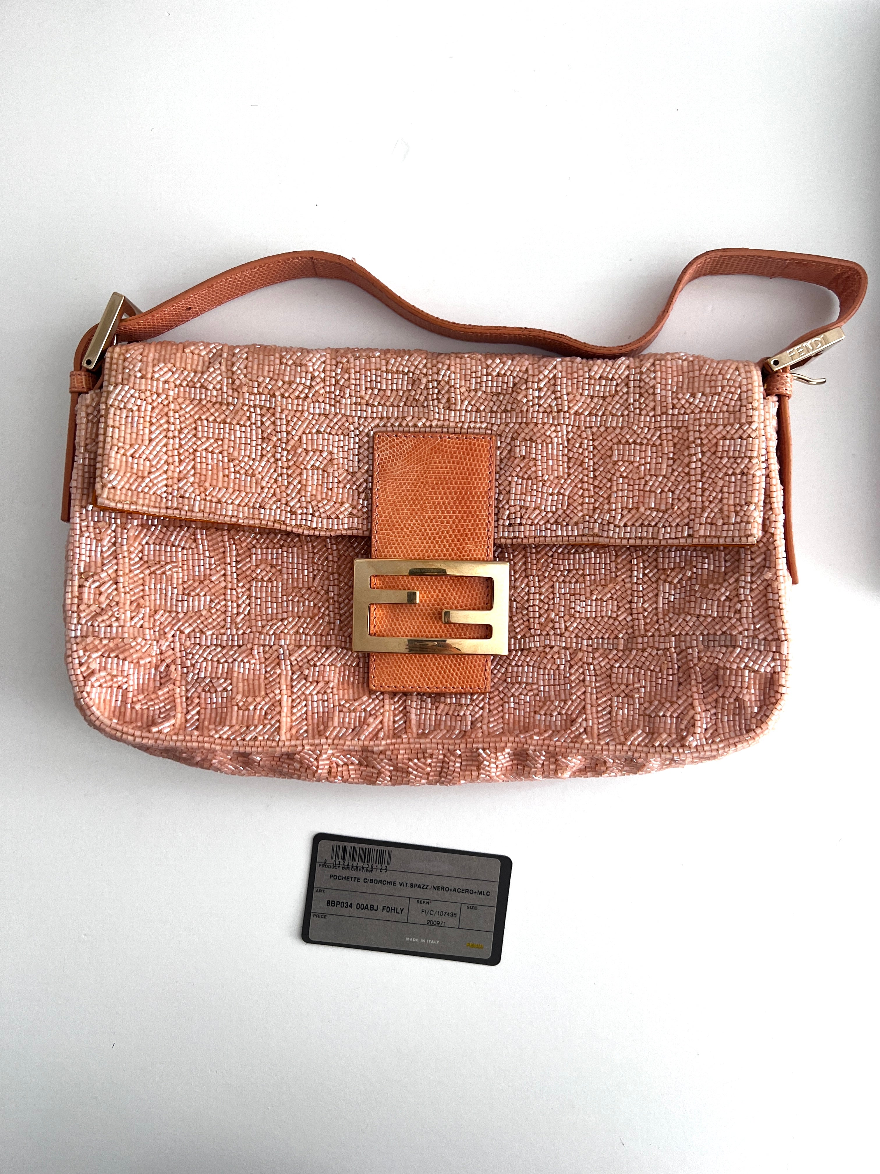Fendi FF Beaded Baguette Bag - Peach Color Lizard Skin Trim, Luxury Designer Handbag for Women | Perfect for Evening Parties, Weddings & Special Occasions