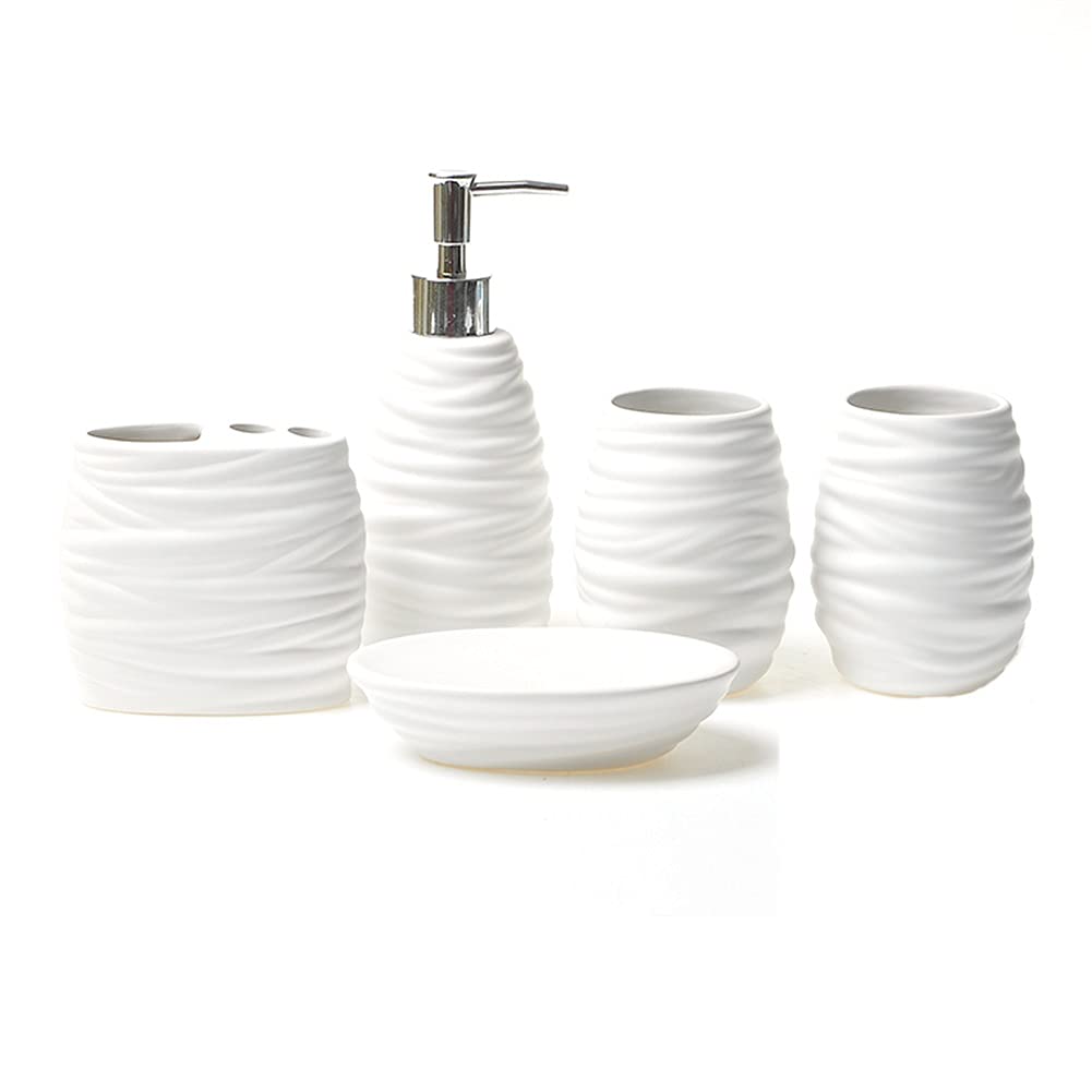 OMIDM Ceramic Soap Dispenser Set - White Threaded Lotion Bottle, Mouthwash Cup, Toothbrush Holder & Soap Dish | Bathroom Countertop Organizer for Modern Home, Hotel & Spa Decor