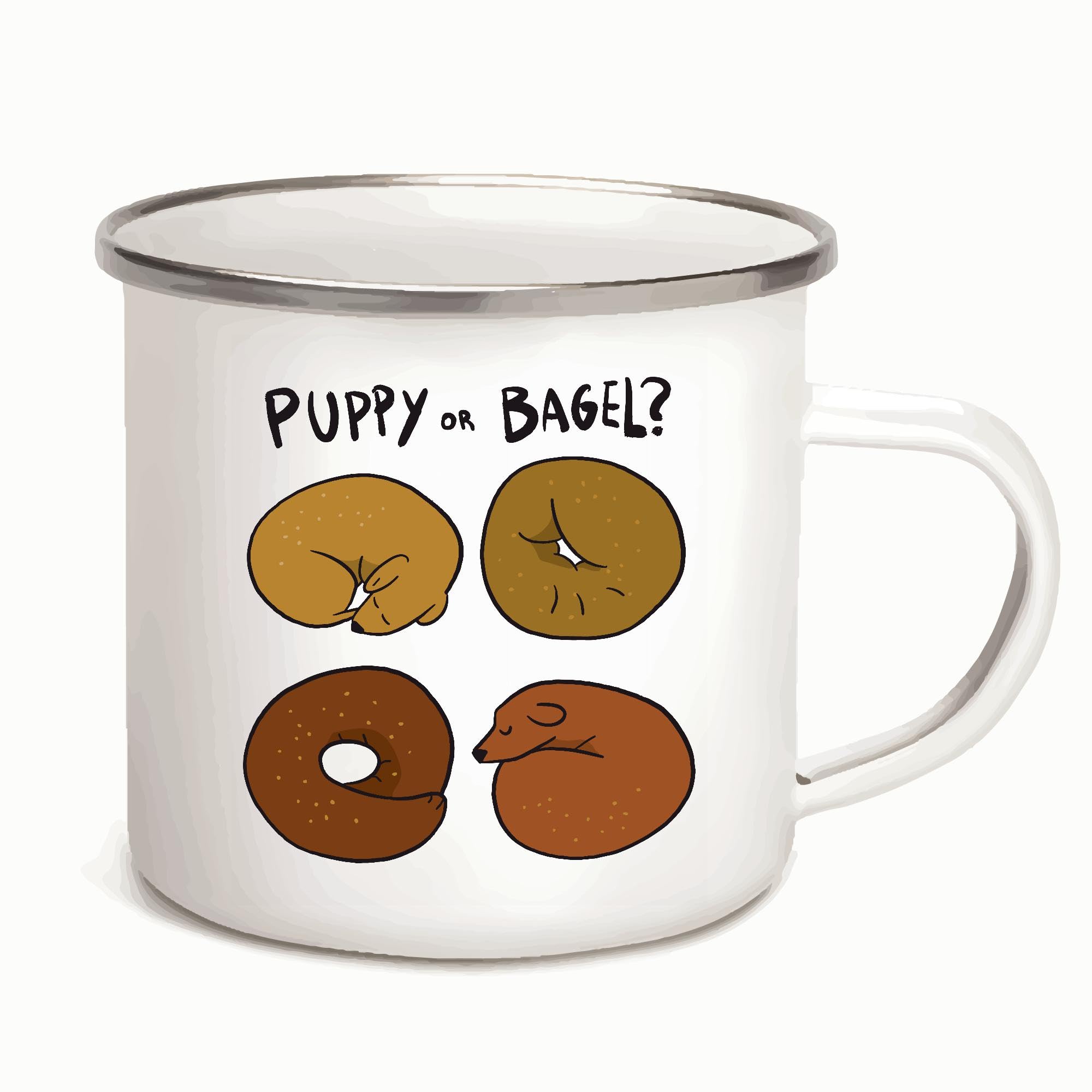 12oz Enamel Silver Coffee Mug - Perfect Gift for Dog Lovers, Pet Owners & Animal Fans - Cute Puppy and Bagel Sleeping Design - Great for Coffee, Tea & Hot Drinks at Home or Office