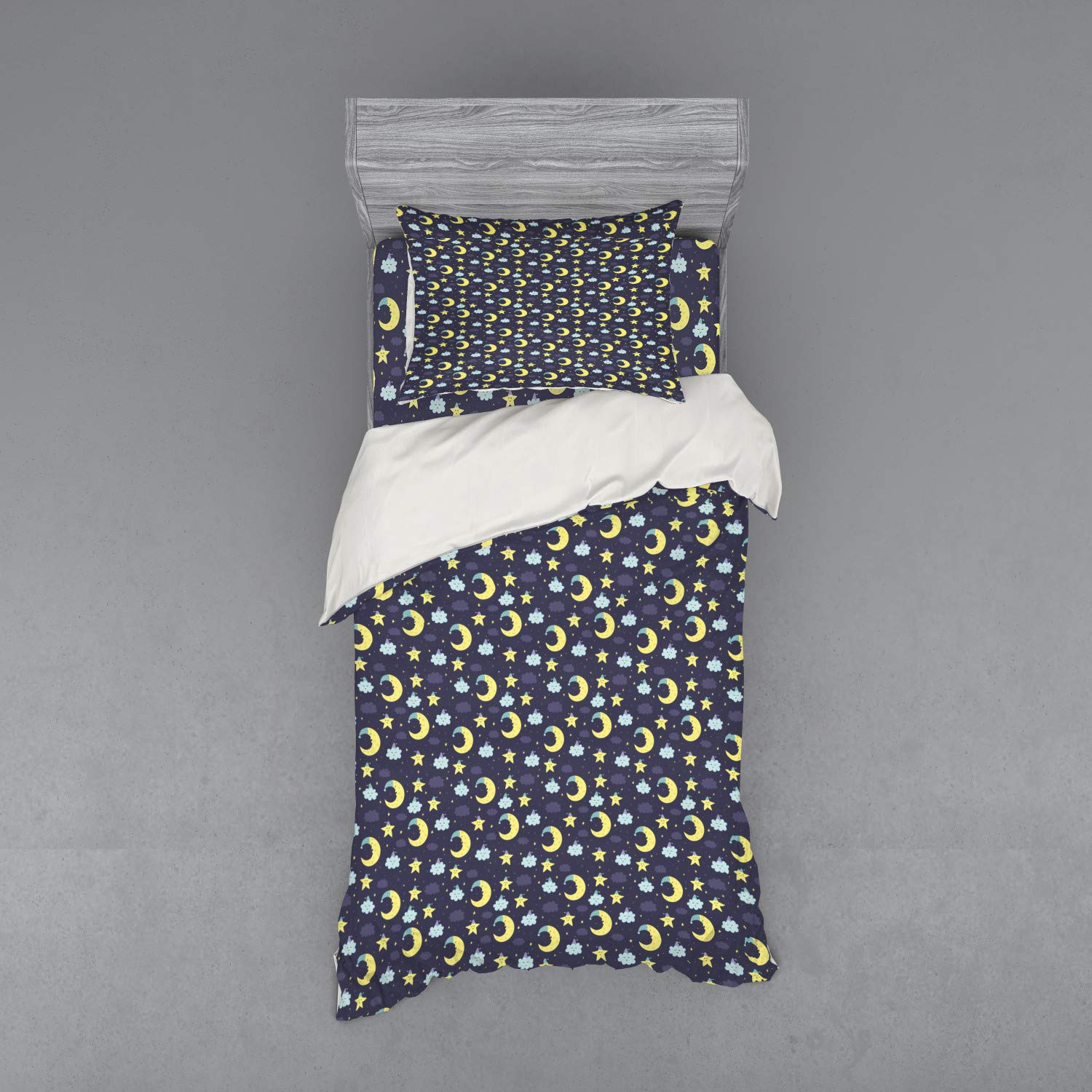 Ambesonne 3-Piece Duvet Cover Set - Twin XL Size, Dark Purple Pale Blue Yellow with Moons, Clouds, Stars & Hats Design | Soft Bedding Set Includes Sham & Fitted Sheet | Perfect for Kids' Rooms, Teen Bedrooms & Cozy Nighttime Comfort
