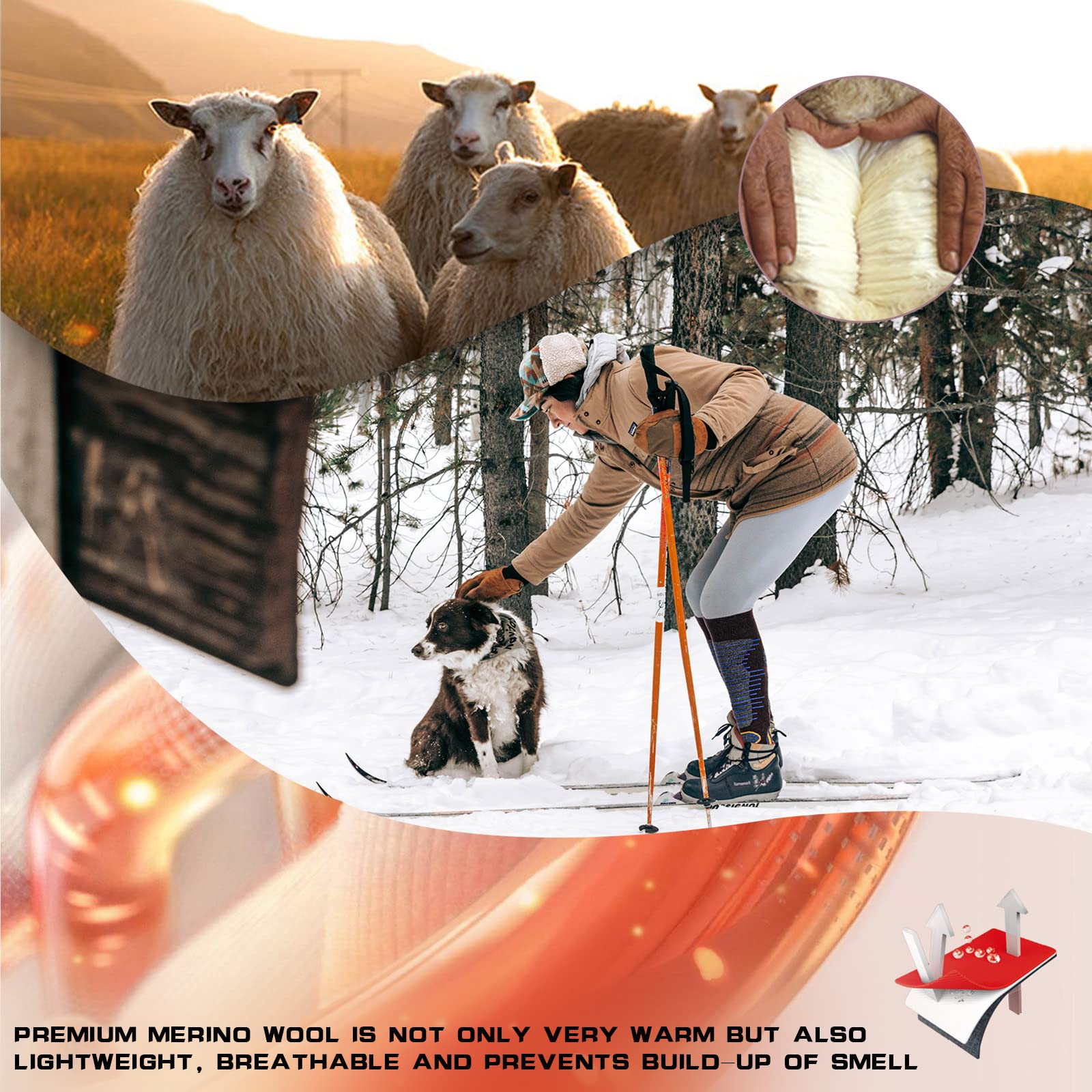Merino Wool Ski Socks for Men & Women - 2 Pairs, Warm Thermal Performance for Skiing & Snowboarding