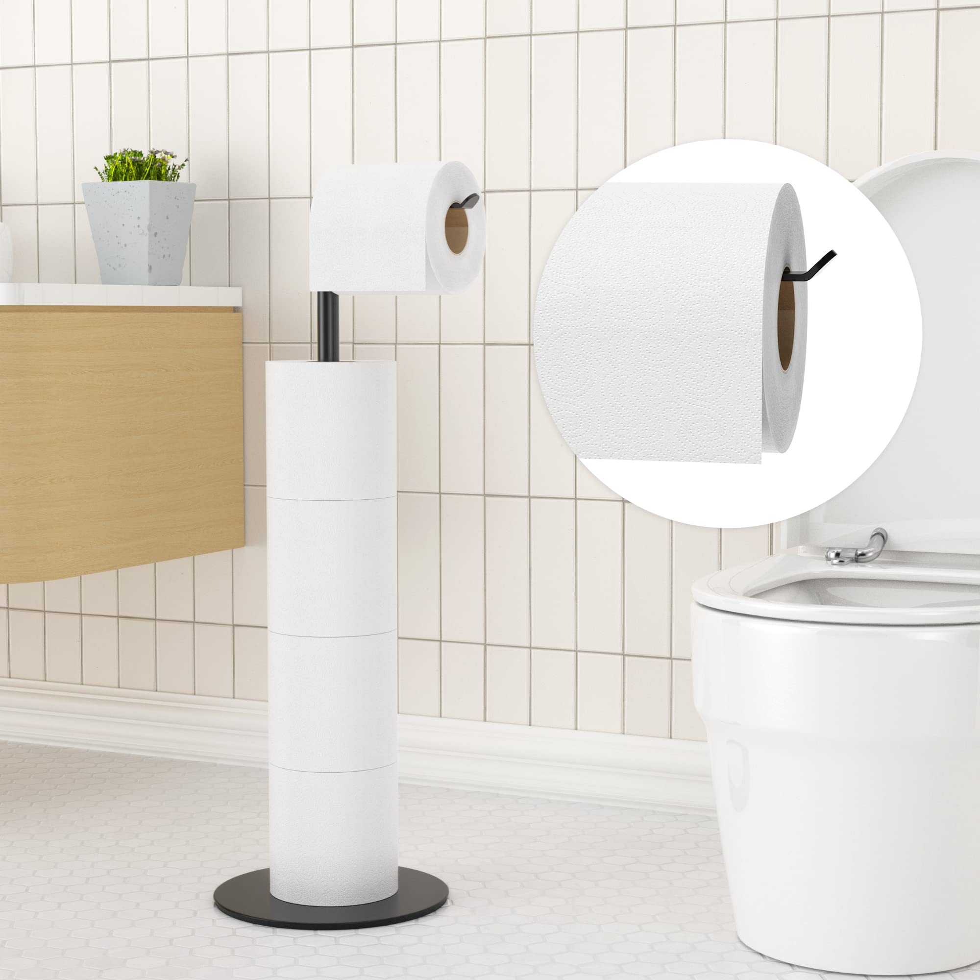 Stainless Steel Free-Standing Toilet Paper Holder with Weighted Base - Holds 4 Spare Rolls - Bathroom Tissue Dispenser & Storage Shelf for Home, Office, or Guest Bathroom