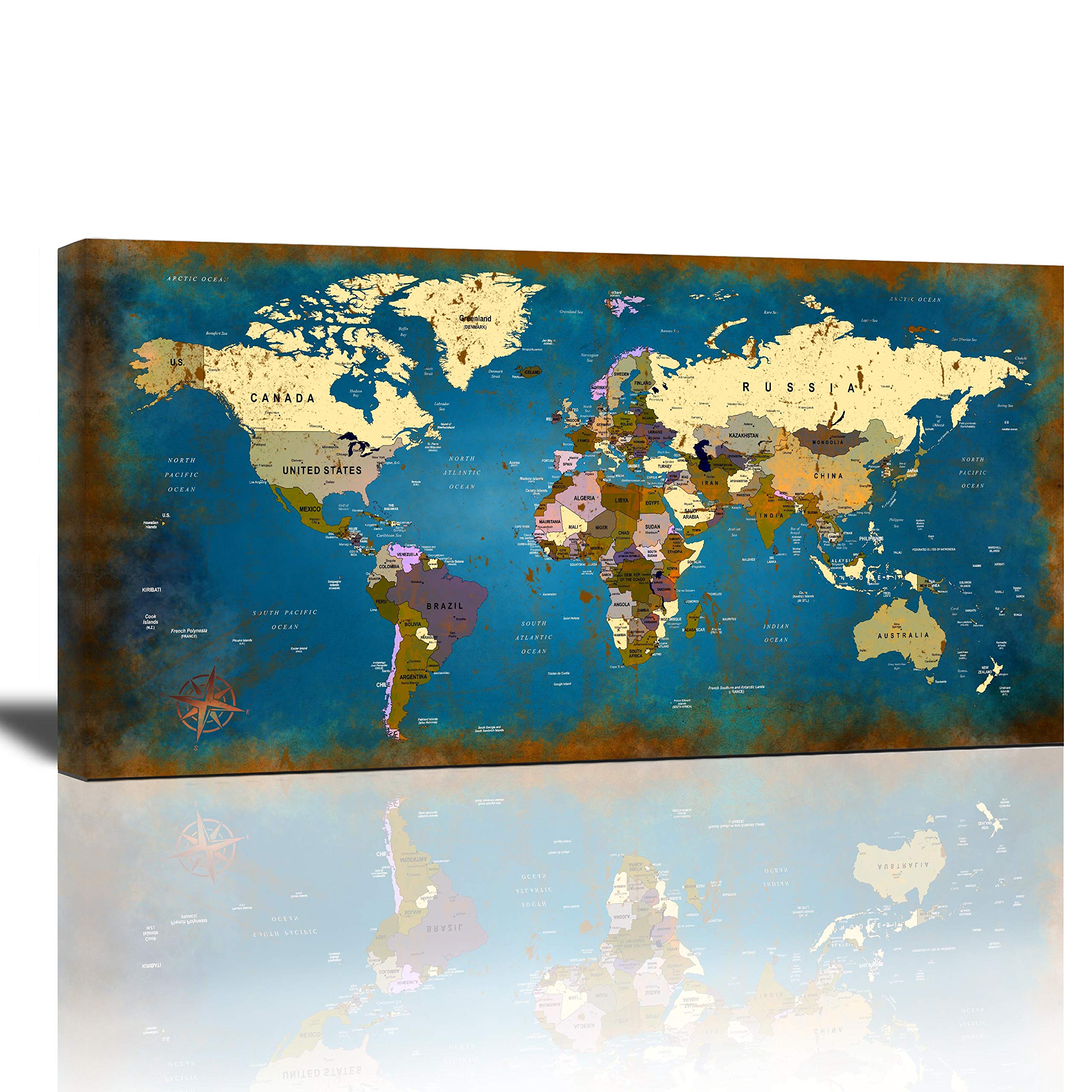 Large World Map Wall Art - Nautical Map Teal and Gold Print - Modern Framed Canvas Painting - Home Decor for Living Room, Bedroom & Office - Ready to Hang - Perfect for Coastal Decor, Travel Themed Rooms & Gifts for Map Lovers