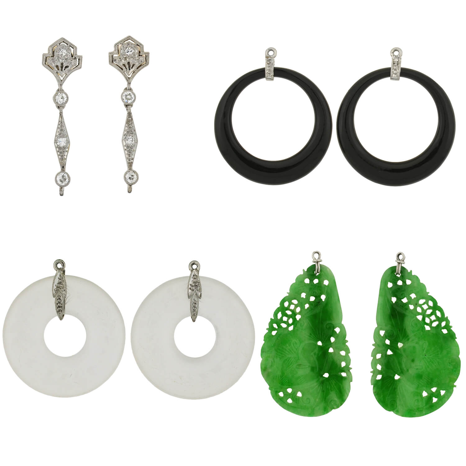 Art Deco Platinum Diamond, Jadeite, Onyx & Rock Crystal Convertible Earrings – Vintage Luxury Jewelry for Weddings, Parties & Special Occasions