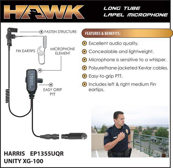 Hawk EP1355UQR Lapel Microphone with Quick Release for Harris XG100 Radio - Ideal for Law Enforcement, Security, and Professional Communication